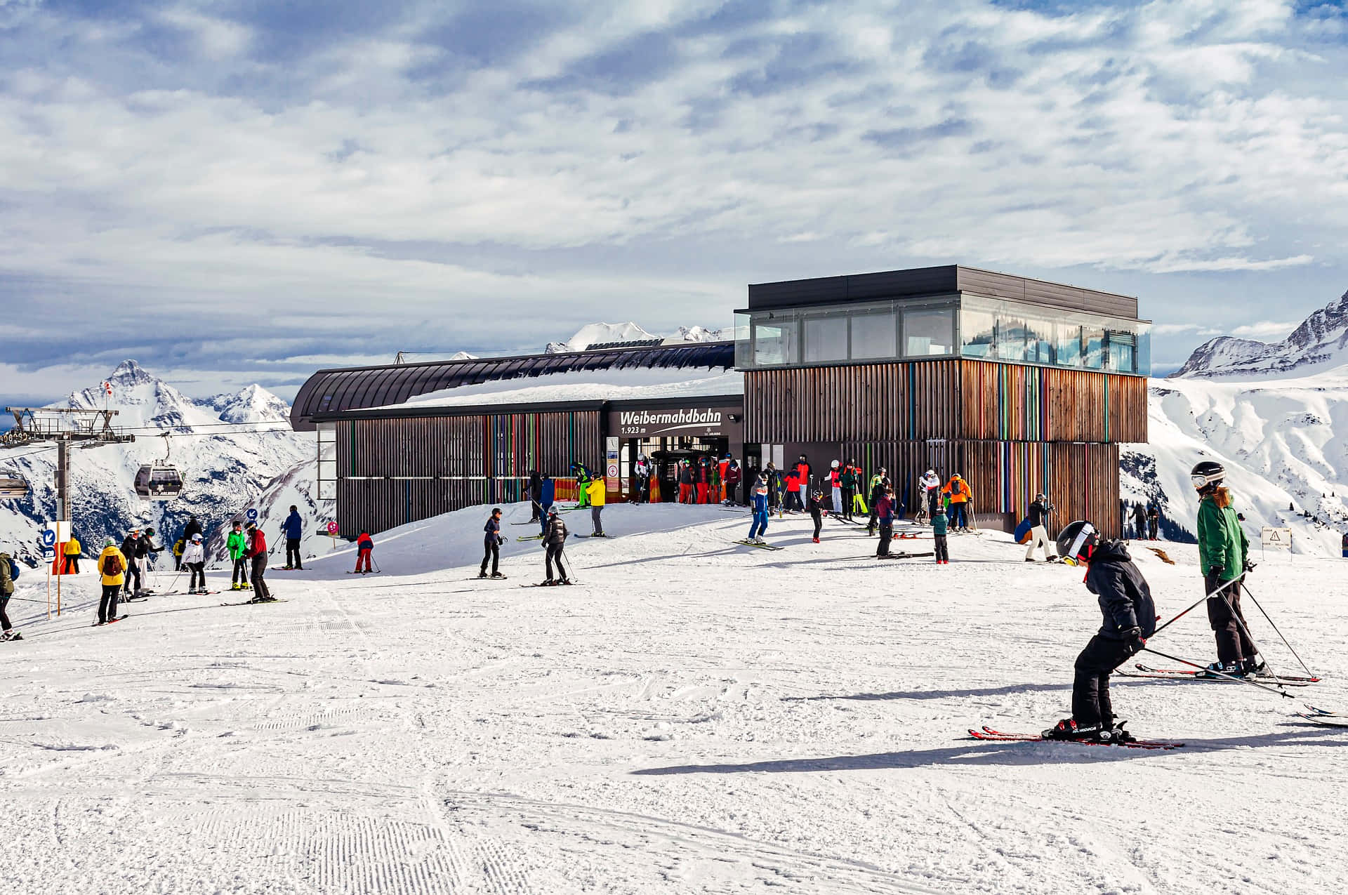 Ski Resort, modern mountain station, partly cloudy sky, Full HD Desktop Wallpaper