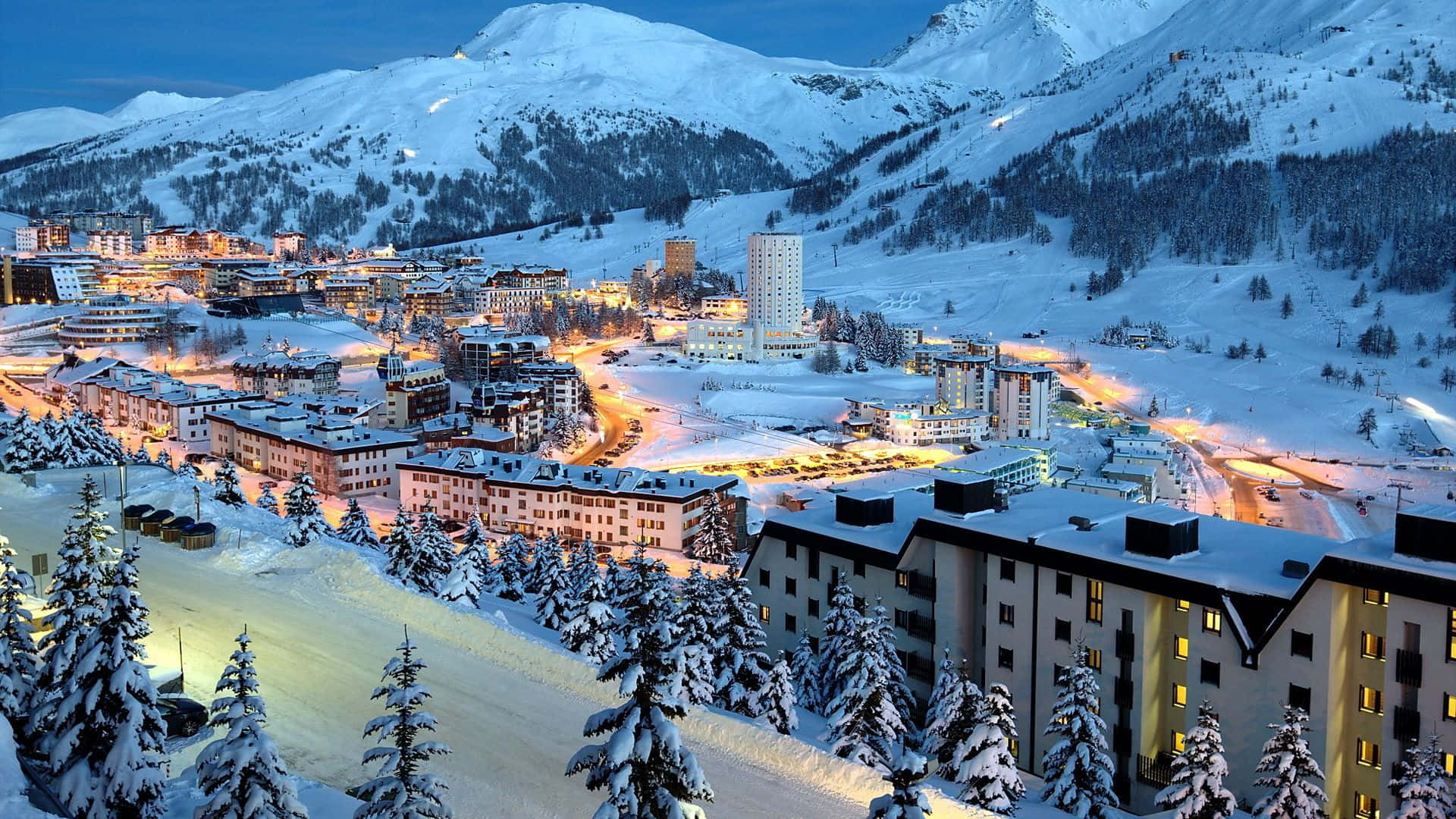Ski Resort, twilight, snow-covered mountain village, Full HD Desktop Wallpaper