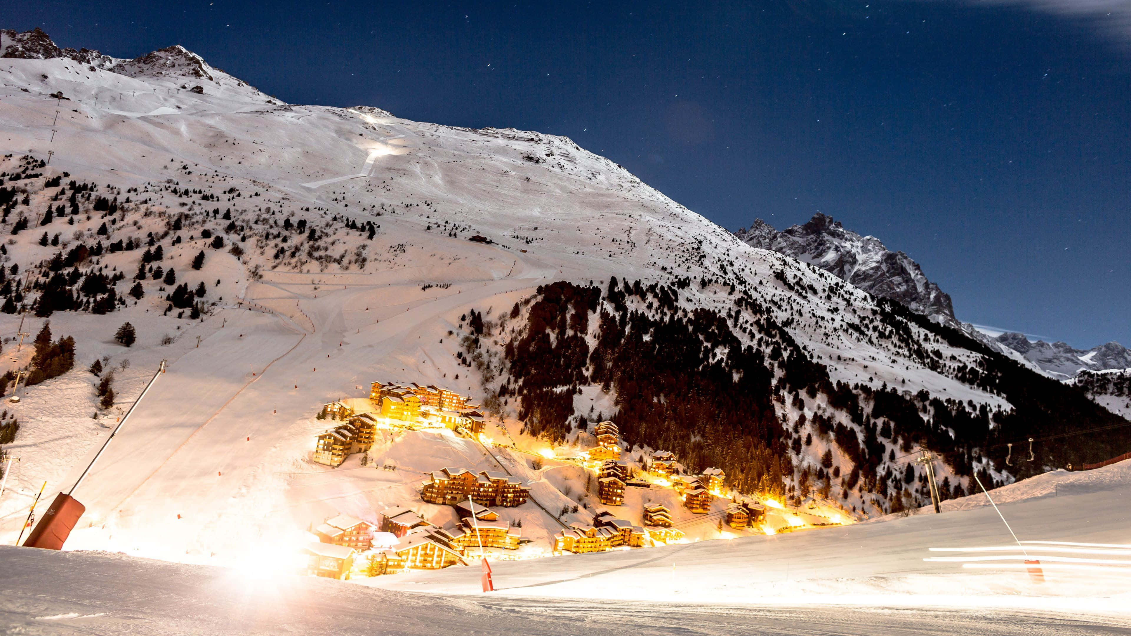 Ski Resort, snowy mountain village, starry night sky, 4K Desktop Wallpaper