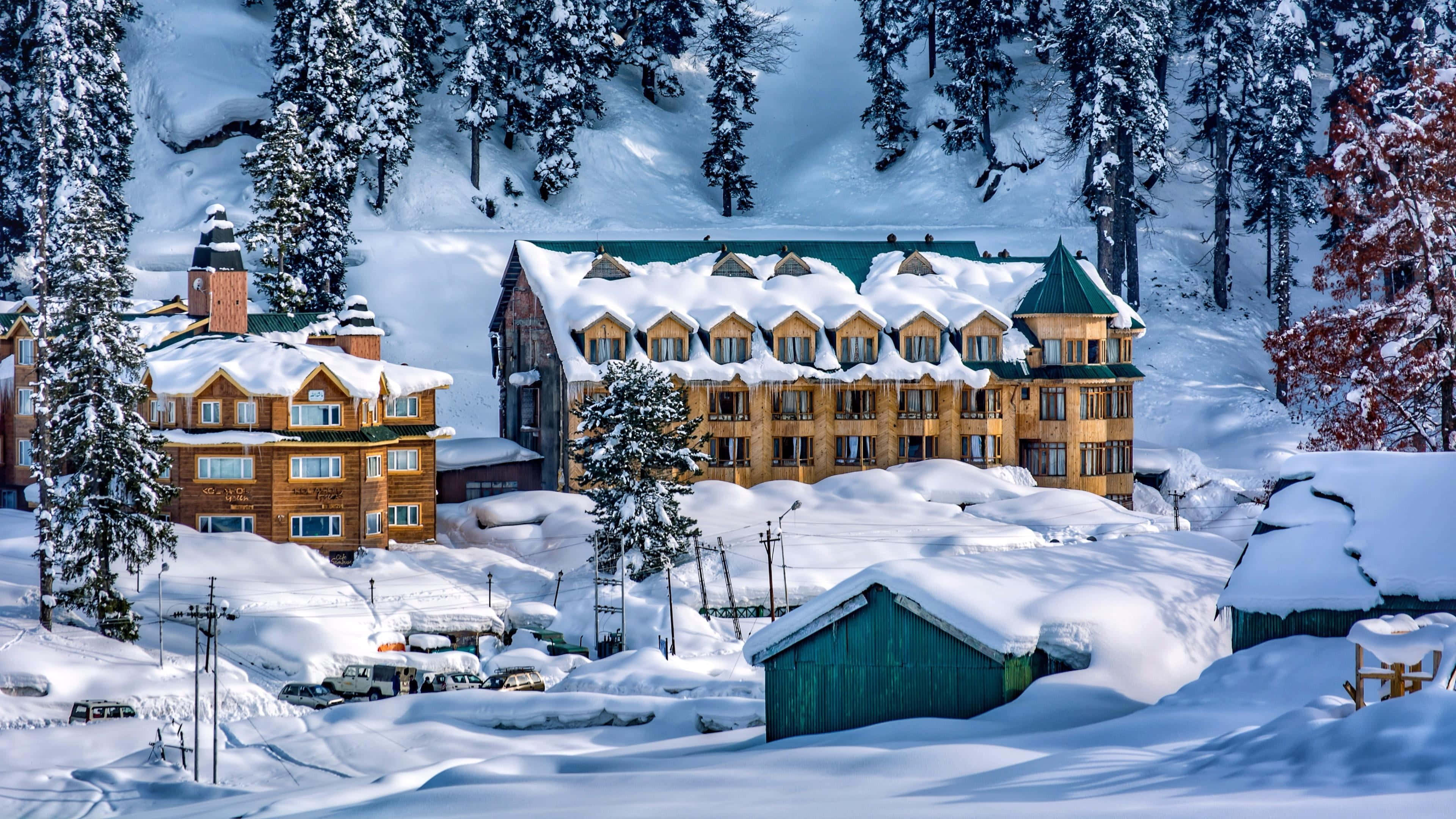 Ski Resort, wooden chalets, forested mountain valley, 4K Desktop Wallpaper
