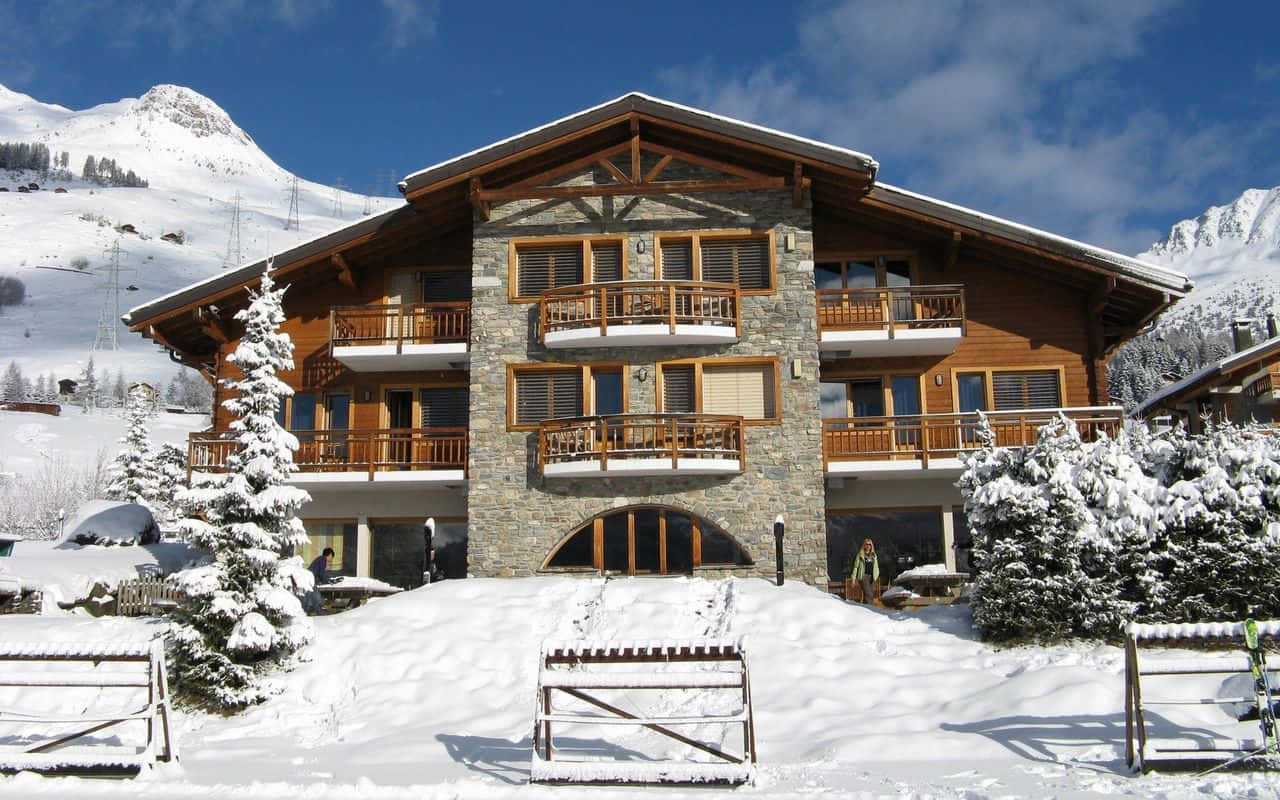 alpine chalet, snow-capped mountains, stone accents, HD Desktop Wallpaper