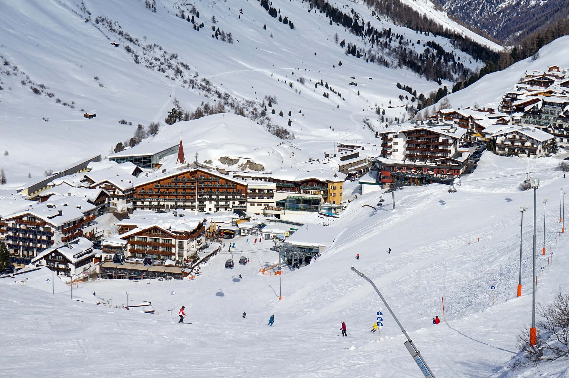 ski resort, snow-capped mountains, ski lifts, Full HD Desktop Wallpaper