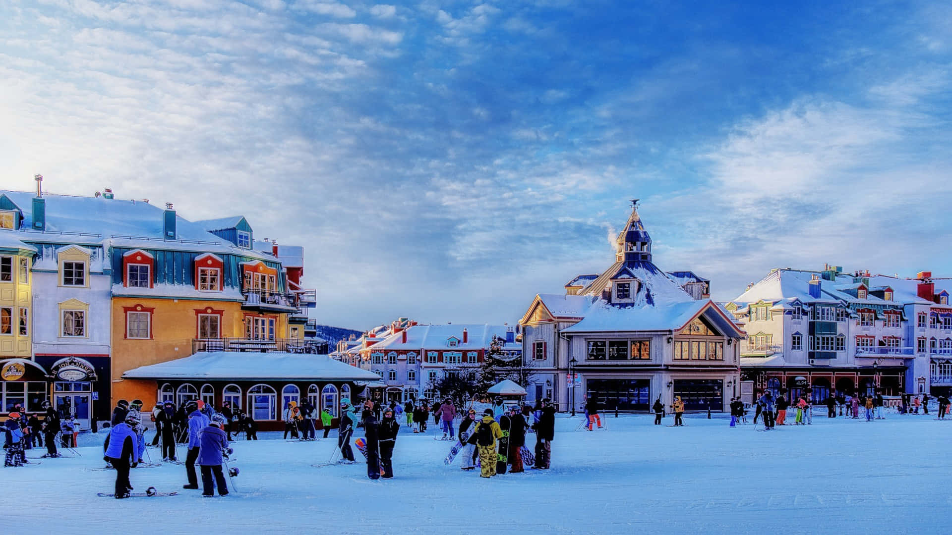 ski resort, European town square, snow, Full HD Desktop Wallpaper