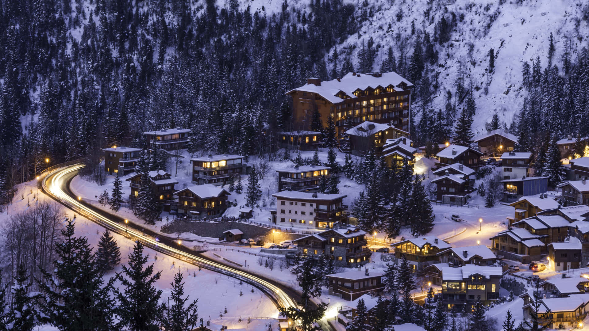 ski resort, snow-covered mountain village, dusk, Full HD Desktop Wallpaper