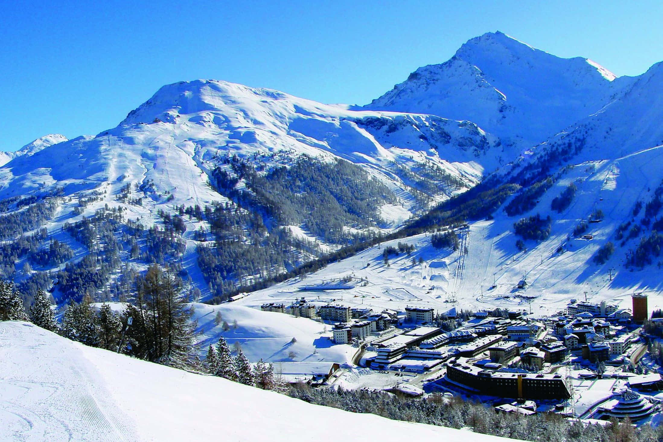 Ski Resort, snow-covered mountain village, valley, Full HD Desktop Wallpaper