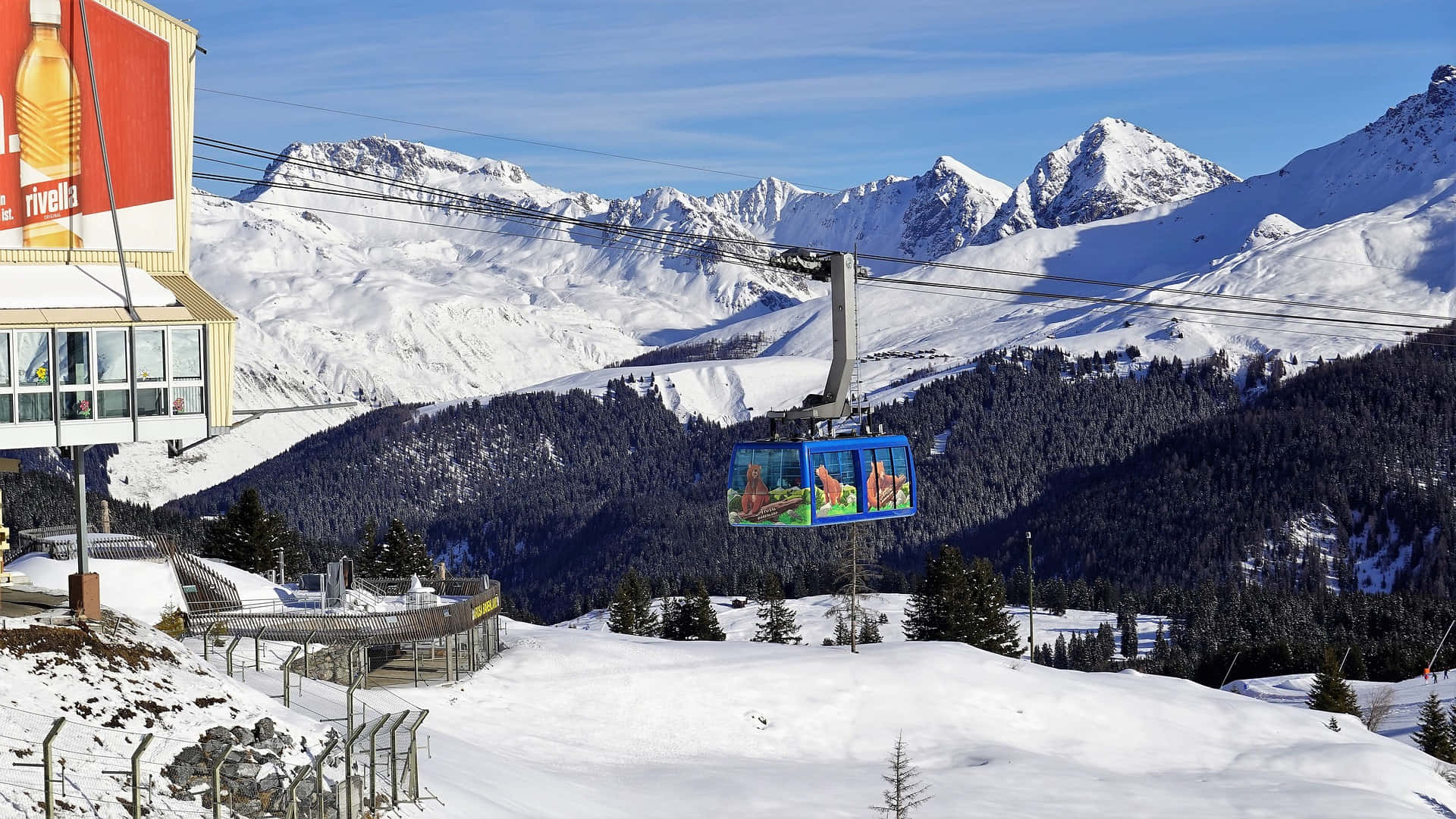 Ski Resort, snow-covered mountains, clear blue sky, Full HD Desktop Wallpaper