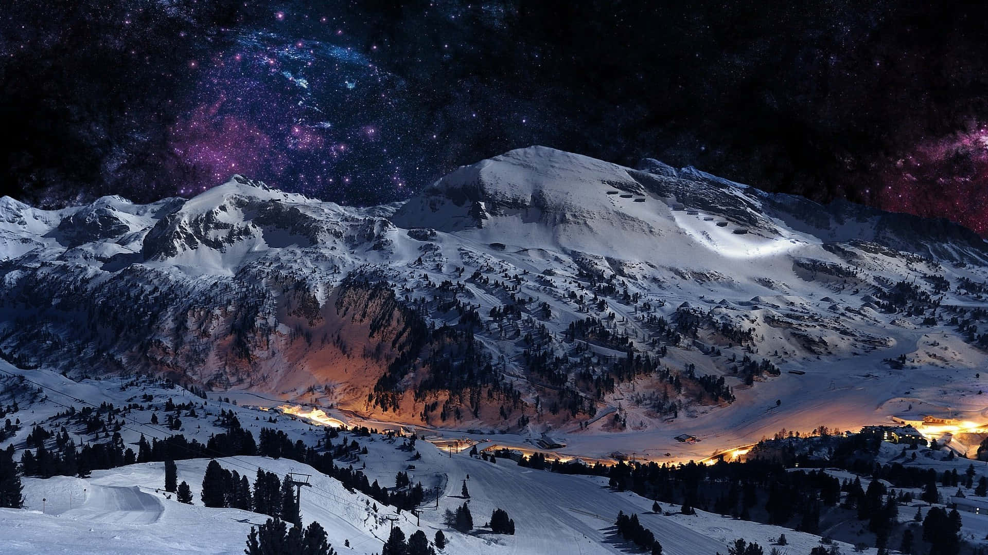 Ski Mountain, snowy mountain peaks, vibrant starry night sky, Full HD Desktop Wallpaper