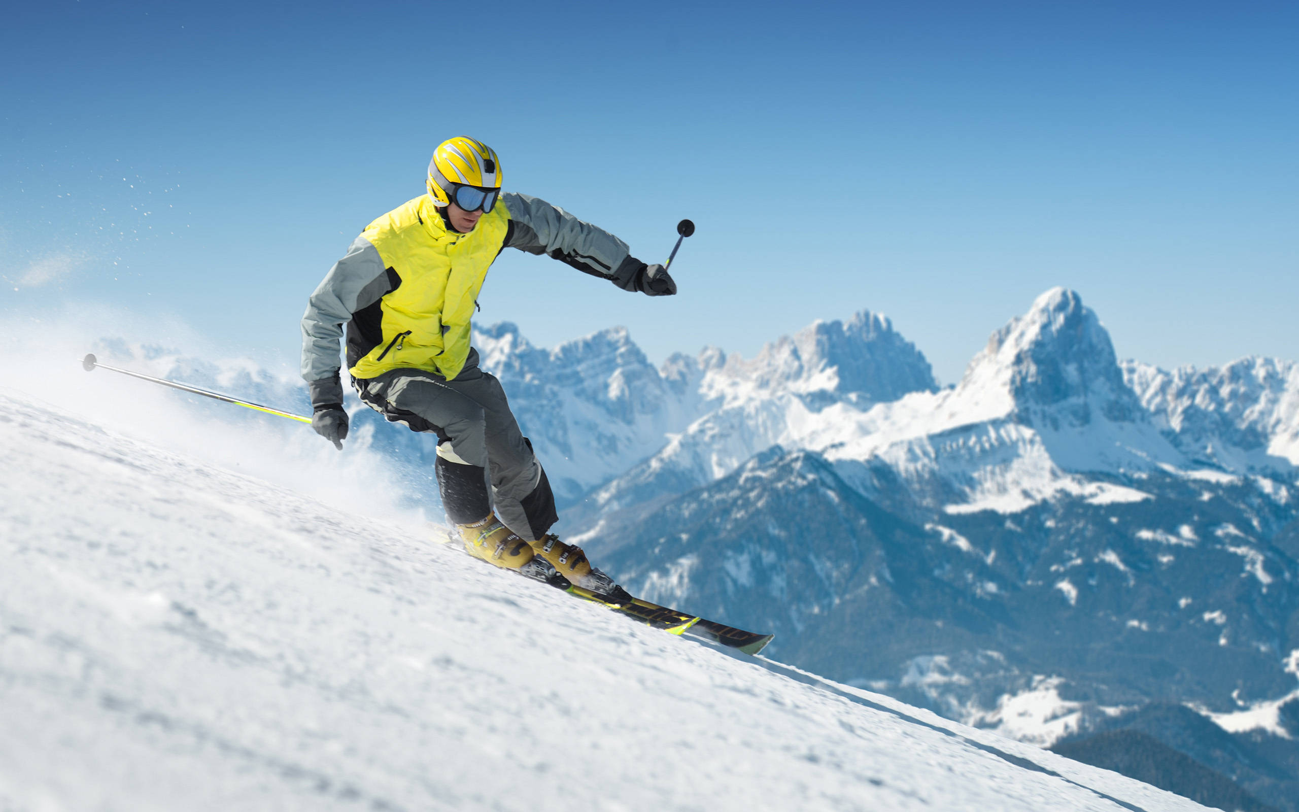 alpine skiing, snowy mountains, bright yellow jacket, 2K Desktop Wallpaper