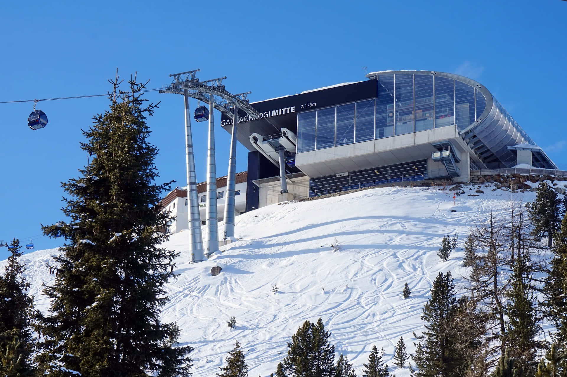 ski resort, glass ski lift station, snow-covered mountain, Full HD Desktop Wallpaper