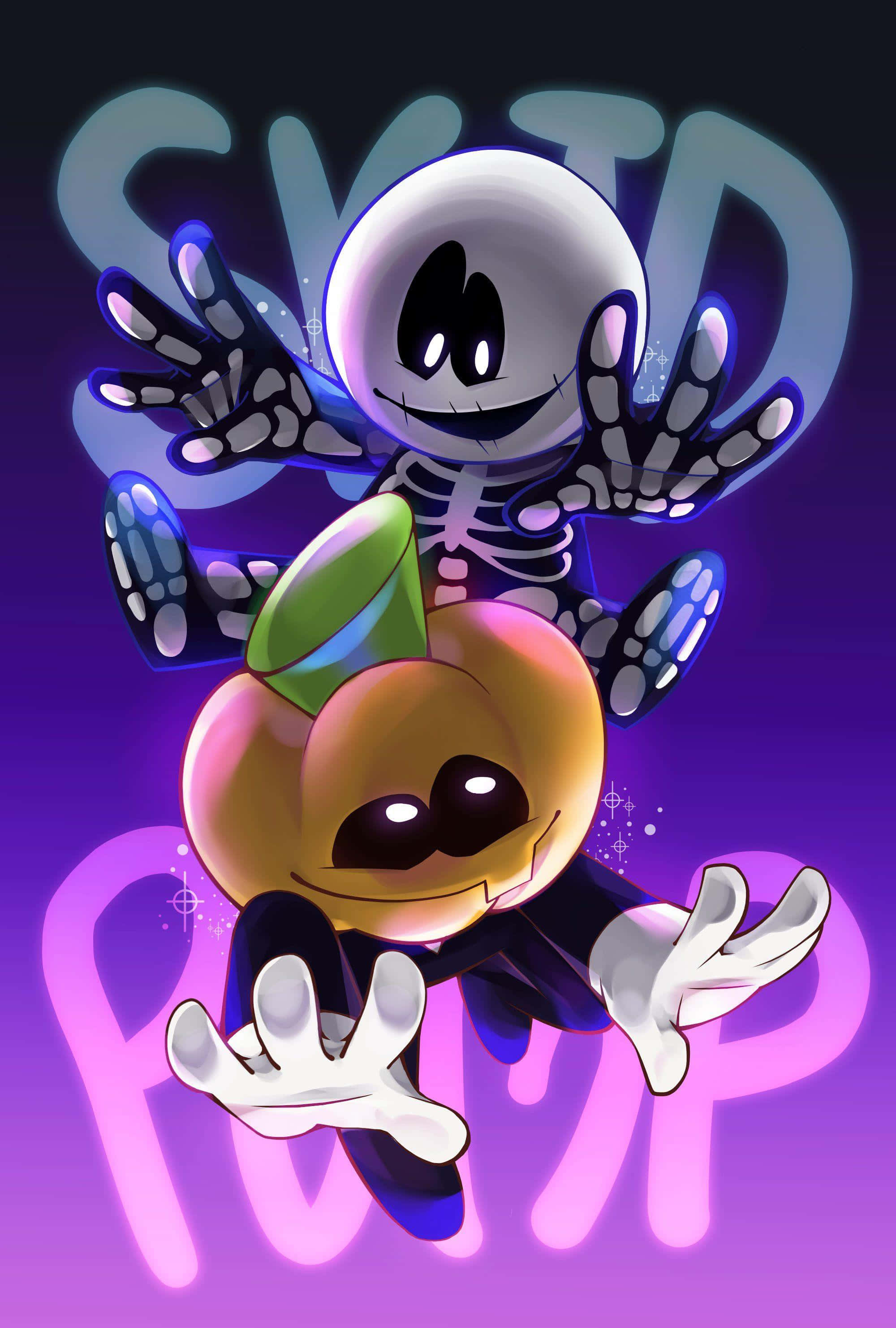 Skid And Pump, glowing skeleton, peach-headed character, 2K Phone Wallpaper