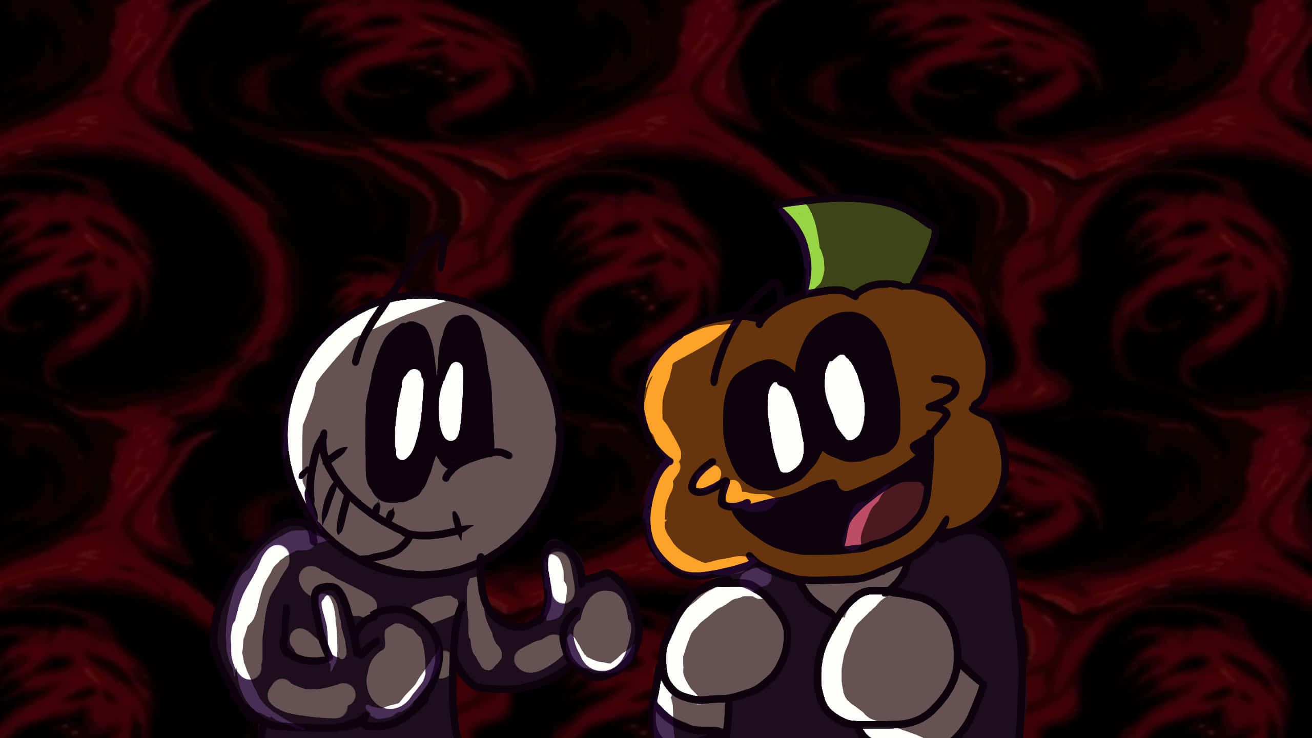 Skid And Pump, gray skull, pumpkin with green hat, 2K Desktop Wallpaper