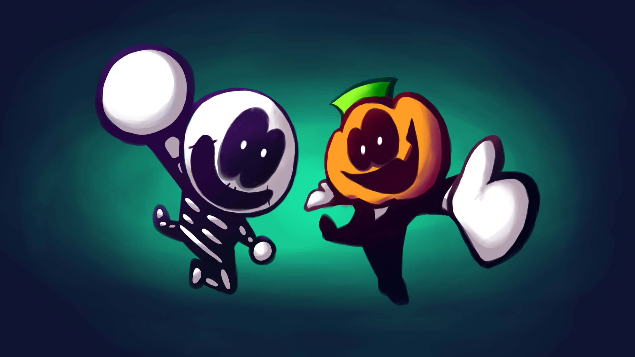 Skid And Pump, white skeleton, orange pumpkin, 2K Desktop Wallpaper