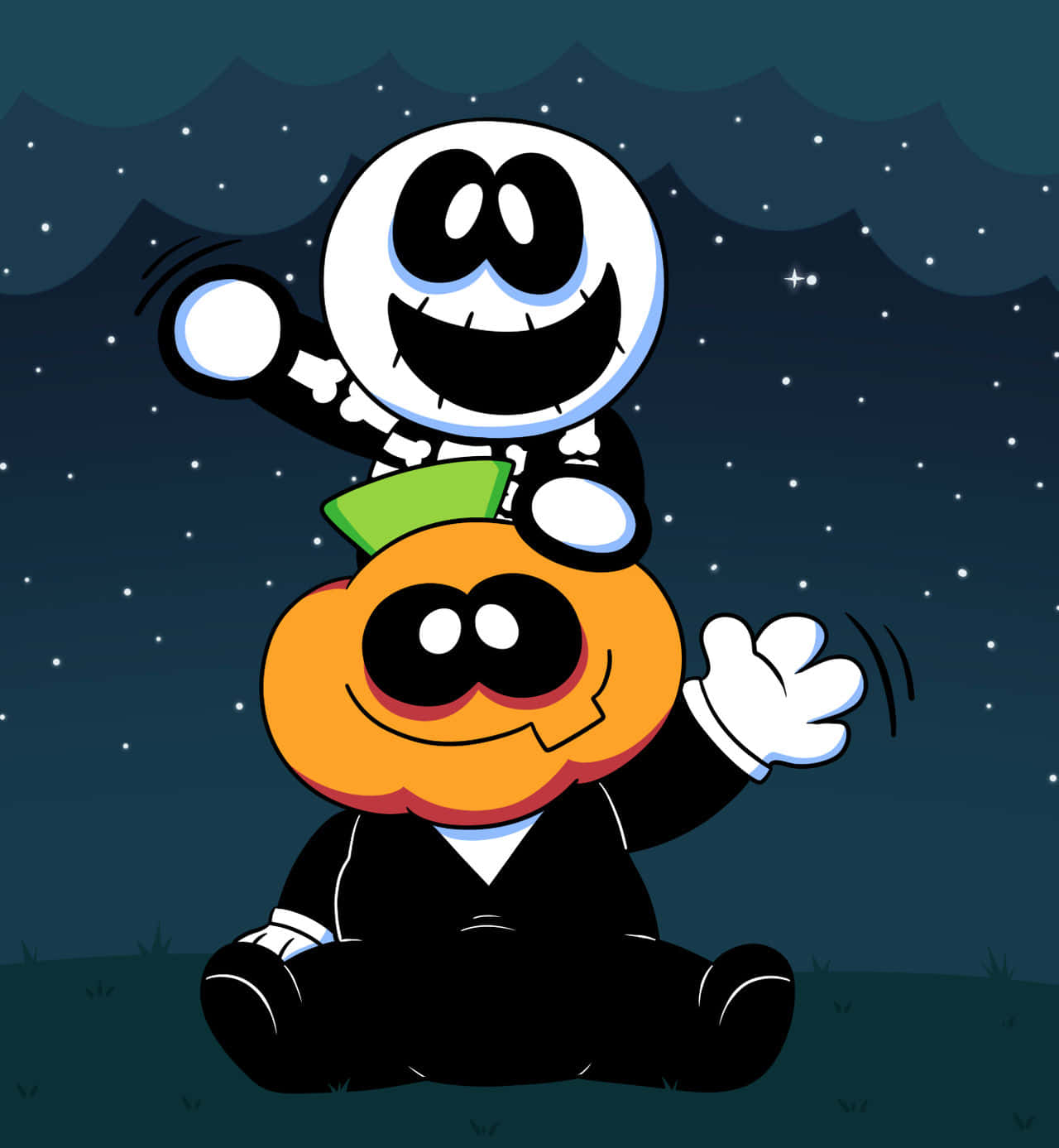 Skid And Pump, cartoon skeleton, smiling jack o' lantern, HD Phone Wallpaper
