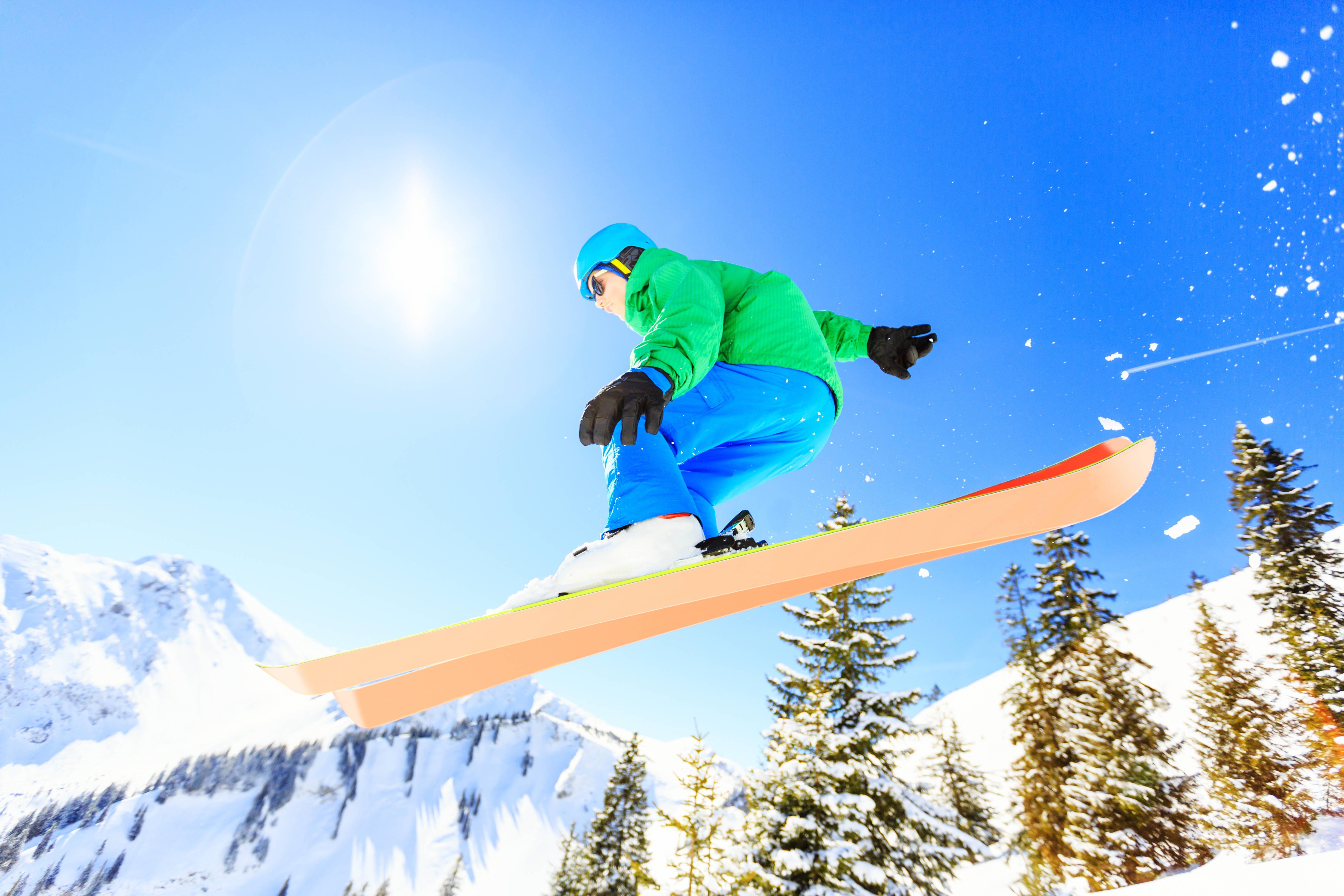 orange skiing board, bright green and blue gear, crisp winter air, 5K Desktop Wallpaper