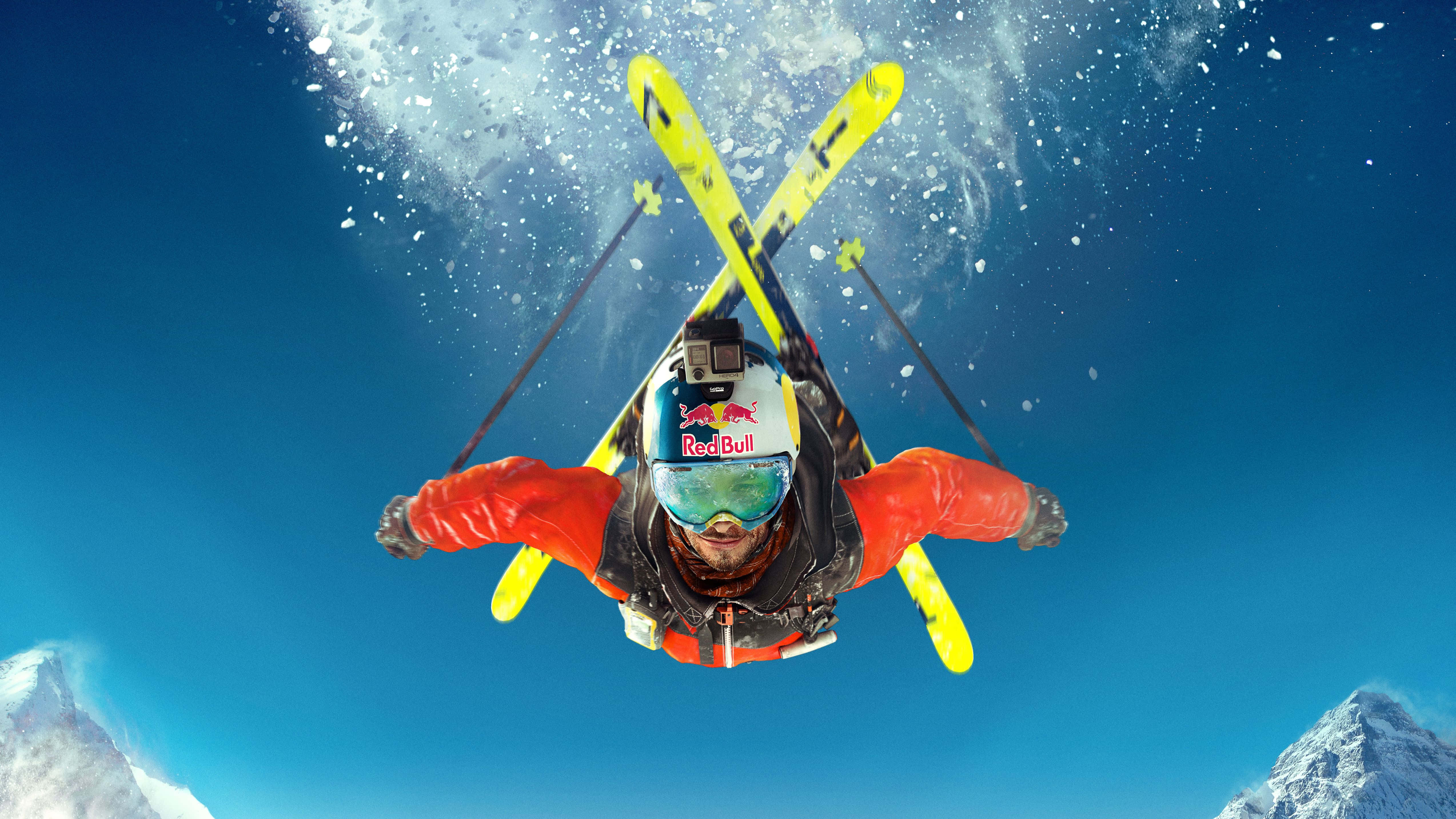 red suit, helmet, yellow skis, 4K Desktop Wallpaper