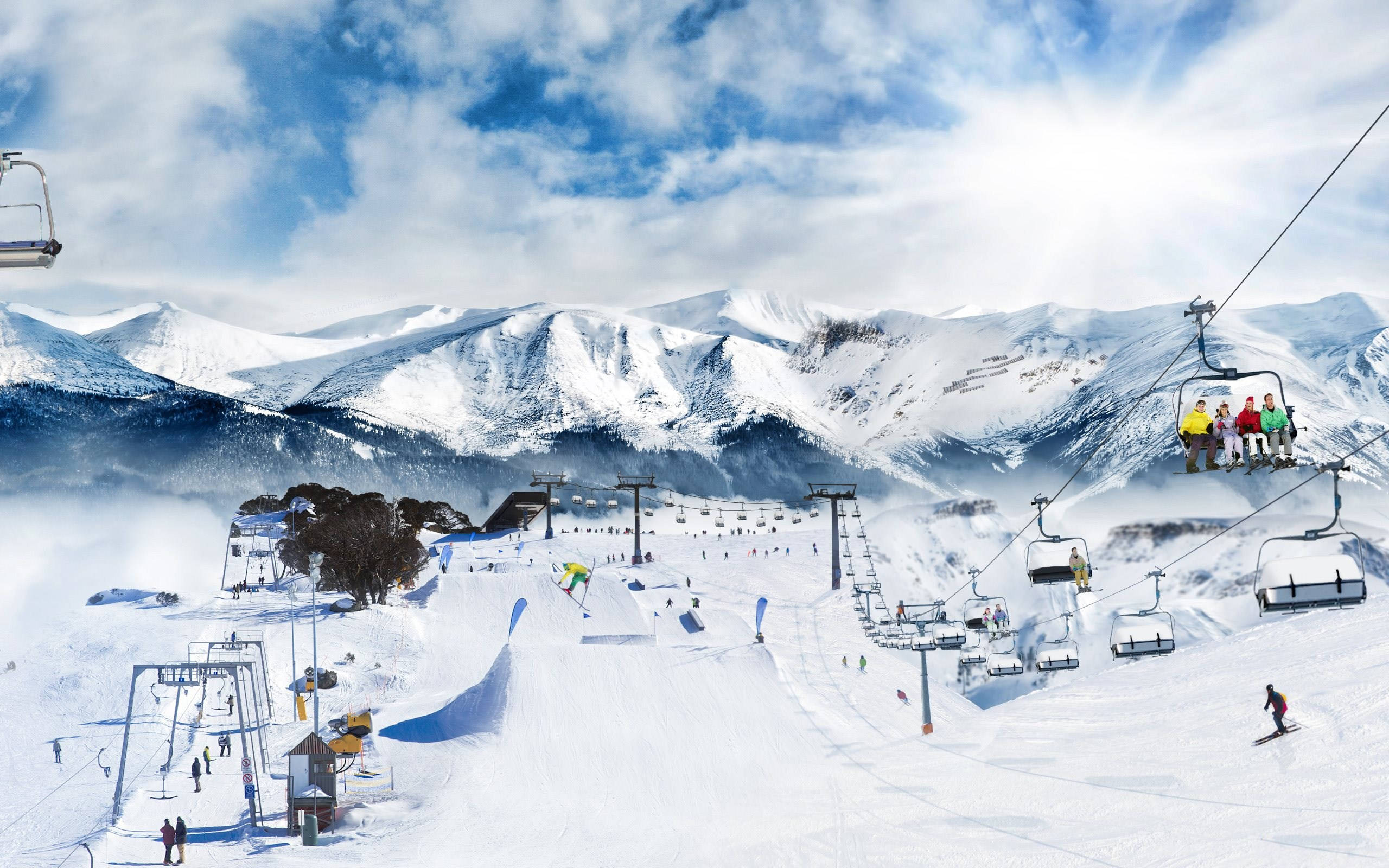Skiing, aerial mountain, snowy slopes, 2K Desktop Wallpaper