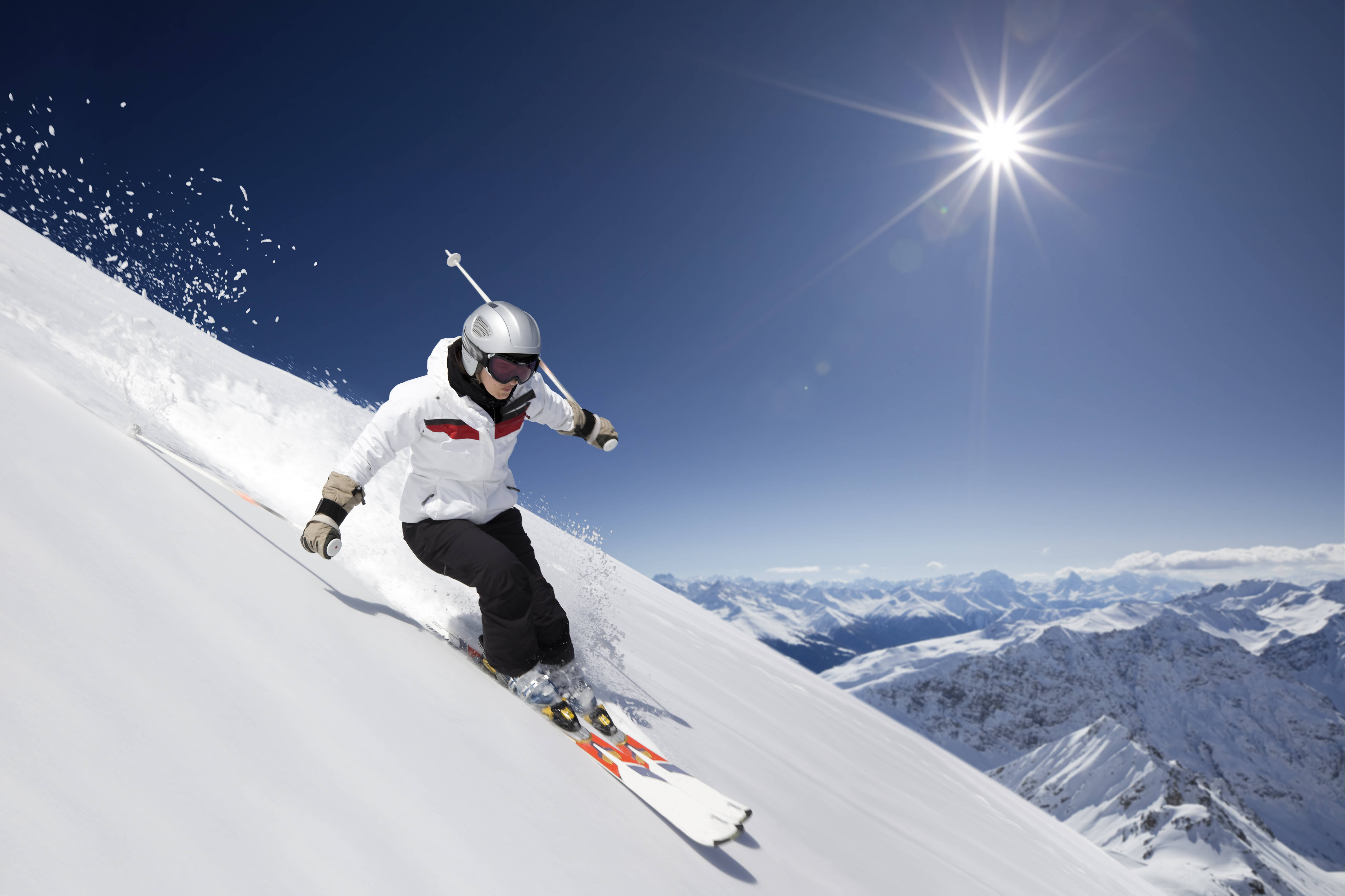 Skiing, sun, snowy mountain slope, 5K Desktop Wallpaper