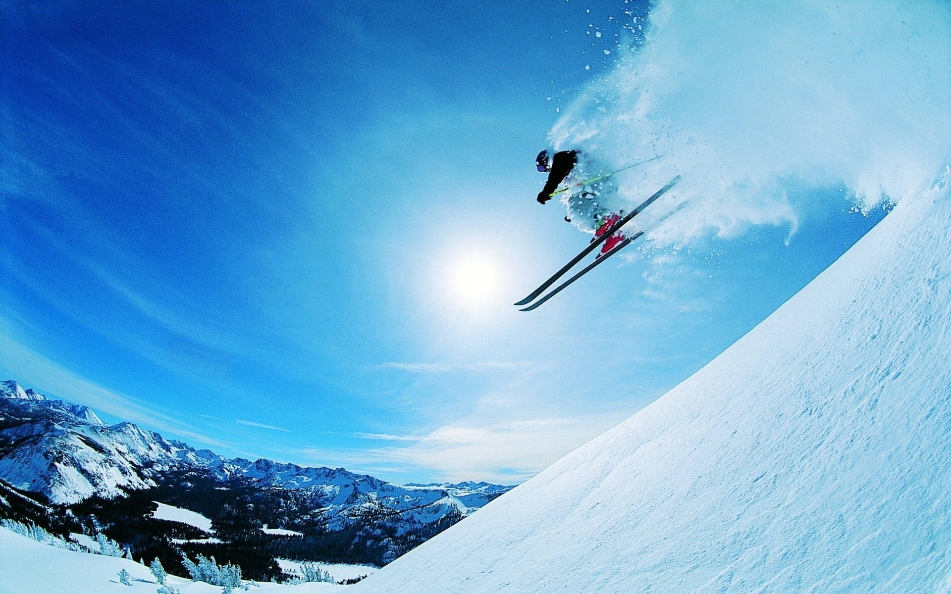 Skiing, Sun Ring, crisp blue air, Full HD Desktop Wallpaper
