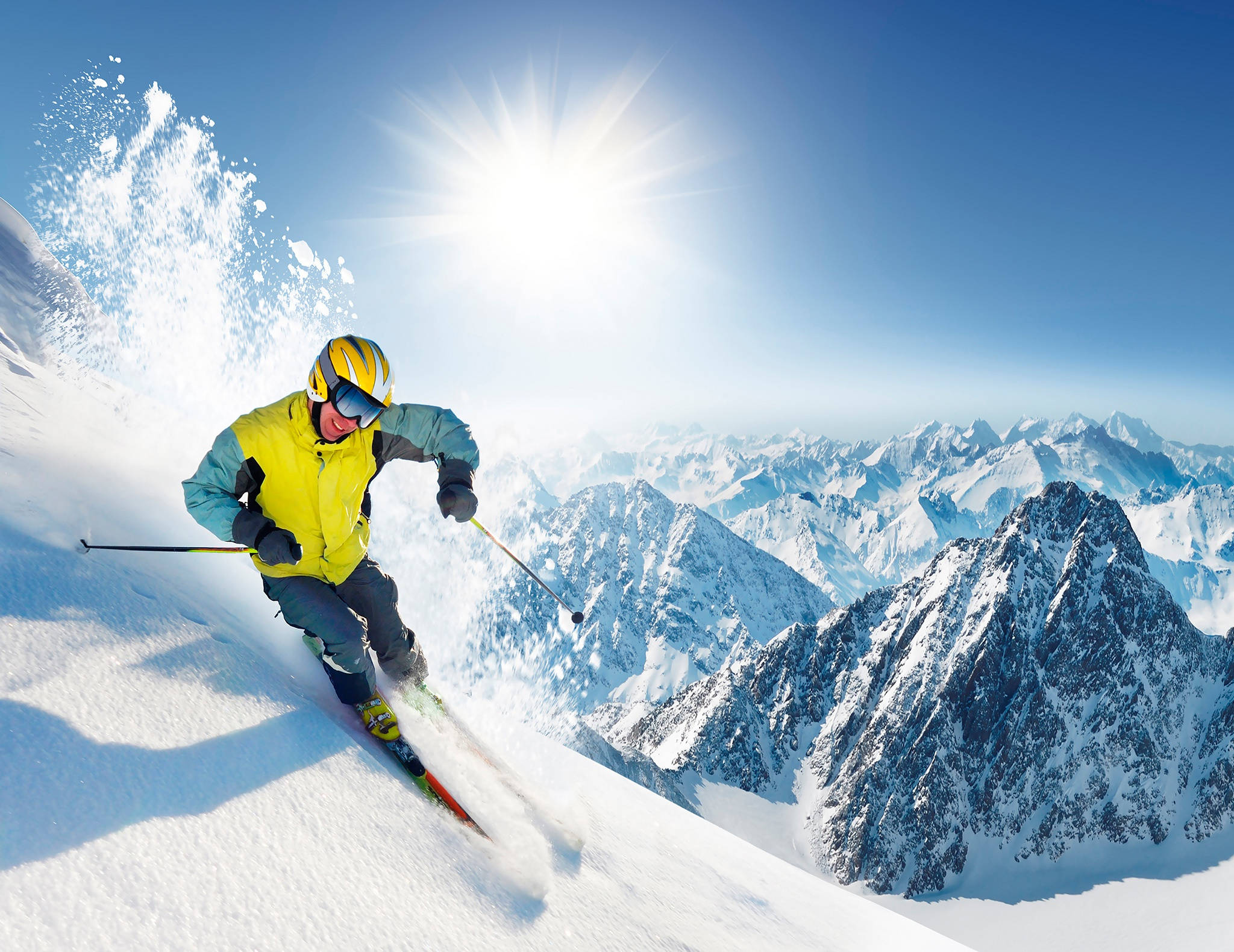 Skiing, mountain peak, bright yellow jacket, Full HD Desktop Wallpaper