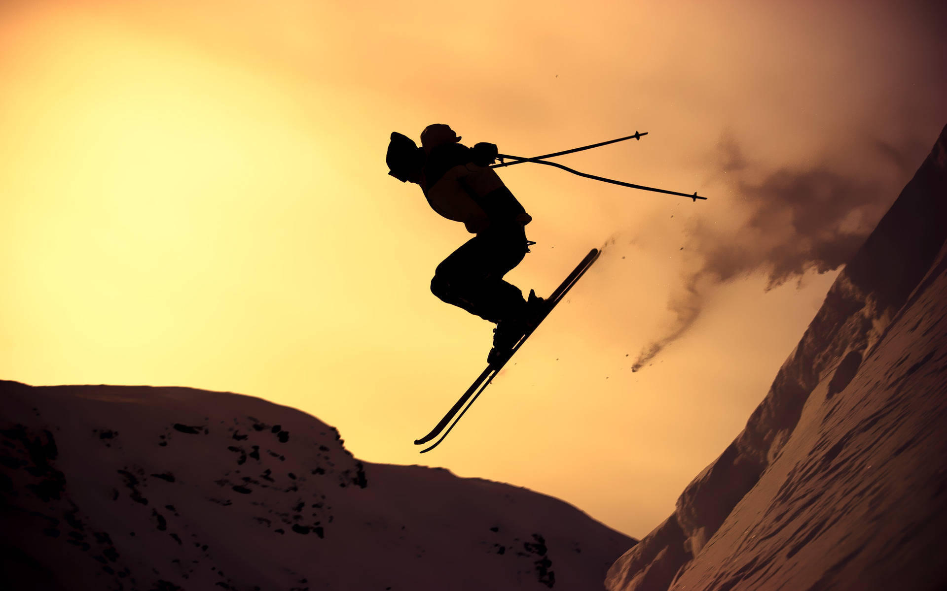 silhouette, golden sunset, snowy mountain slopes, Full HD Desktop Wallpaper
