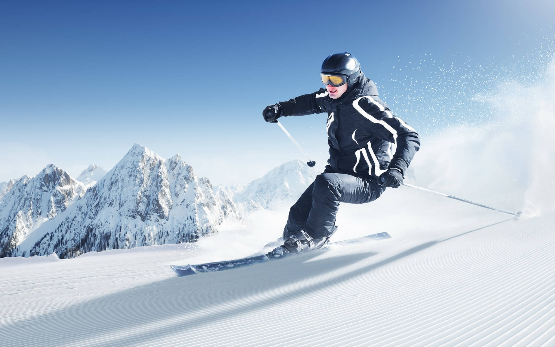 Skiing, black jumpsuit, fresh powder, Full HD Desktop Wallpaper