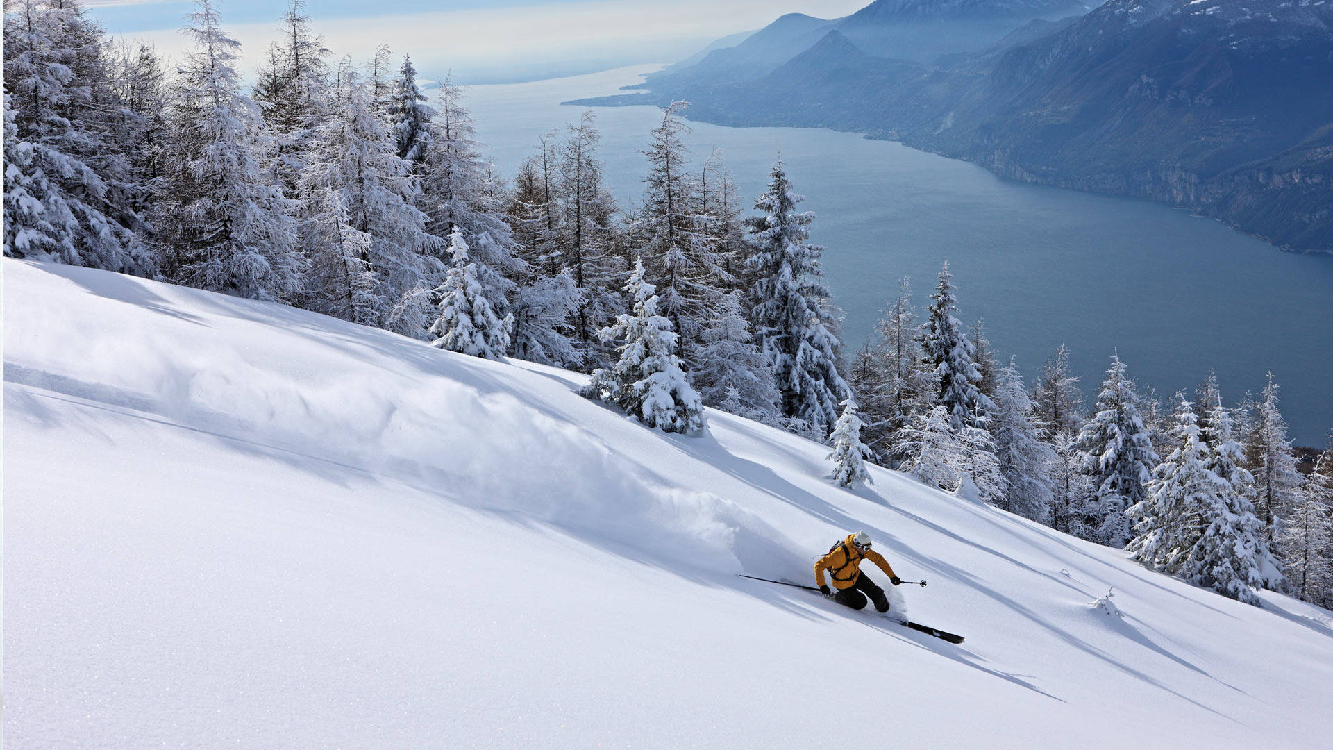yellow jacket, fresh powder snow, snowy mountain slope, Full HD Desktop Wallpaper