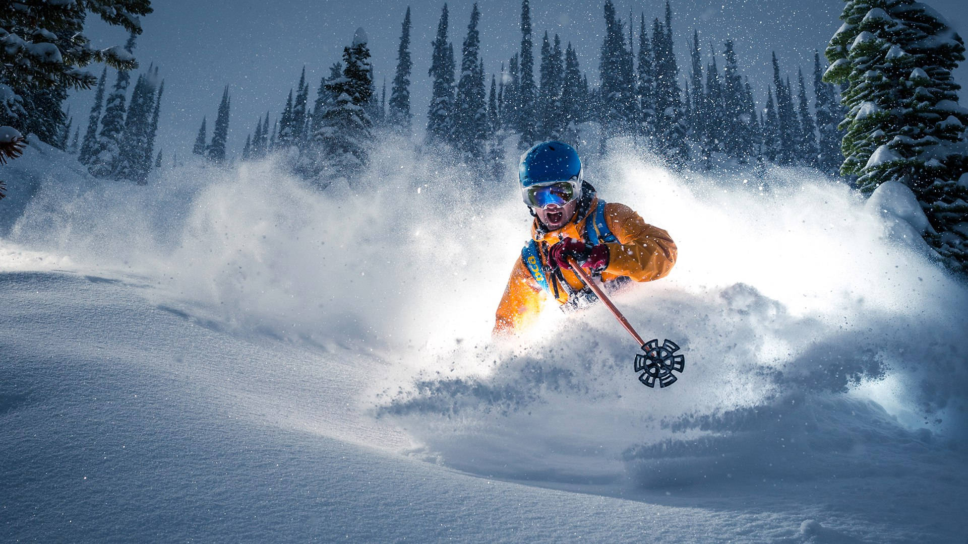 Skiing Raging Snow, bright orange, deep powder snow, Full HD Desktop Wallpaper