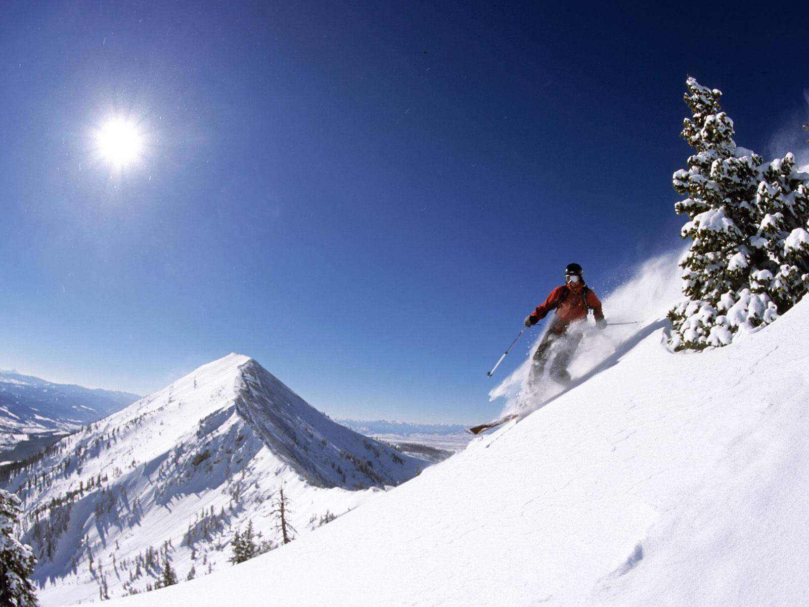 red jacket, fresh powder, sunlit snowy slope, HD Desktop Wallpaper