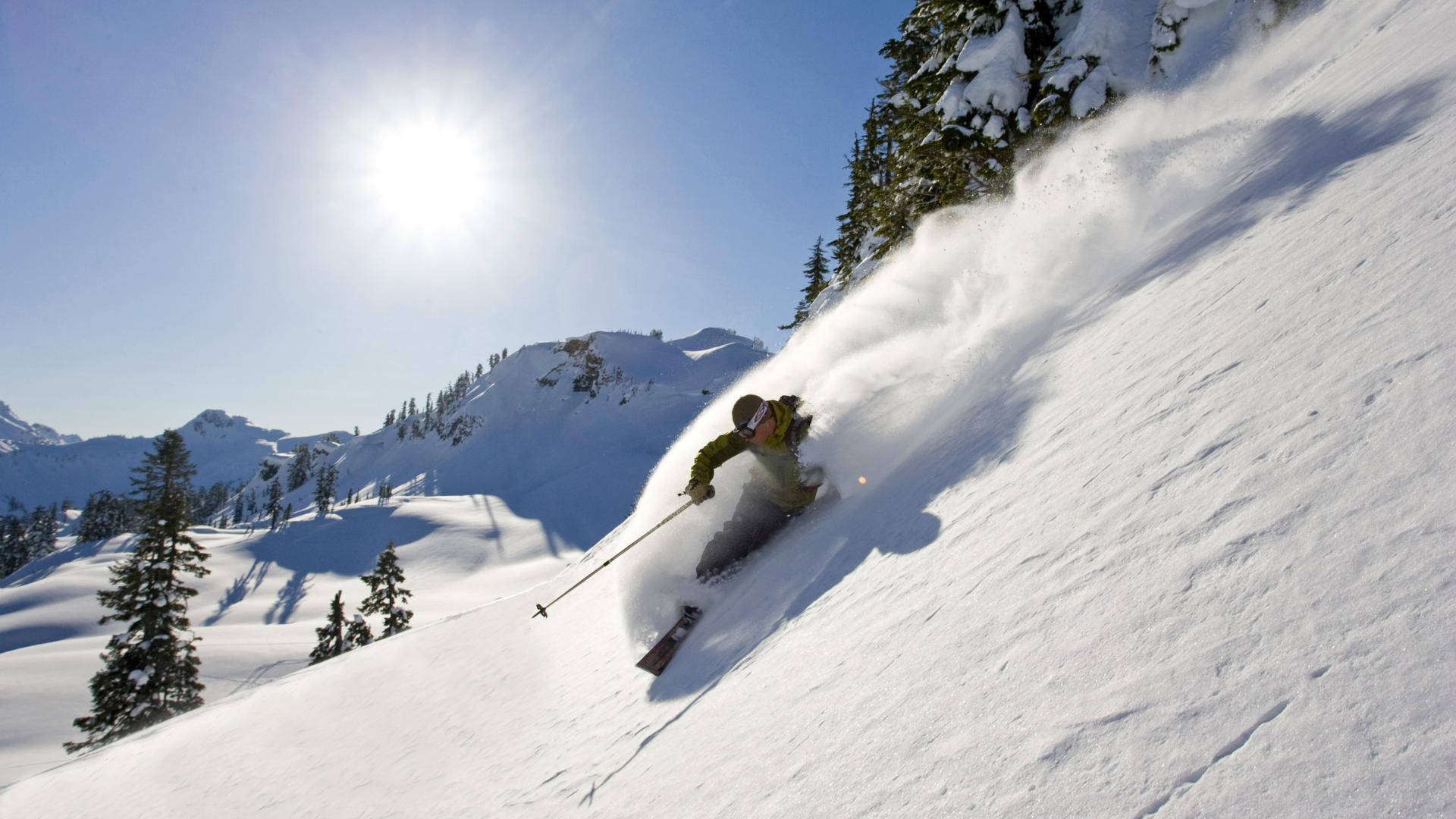 skiing, fresh powder, sunlit snowy slope, Full HD Desktop Wallpaper