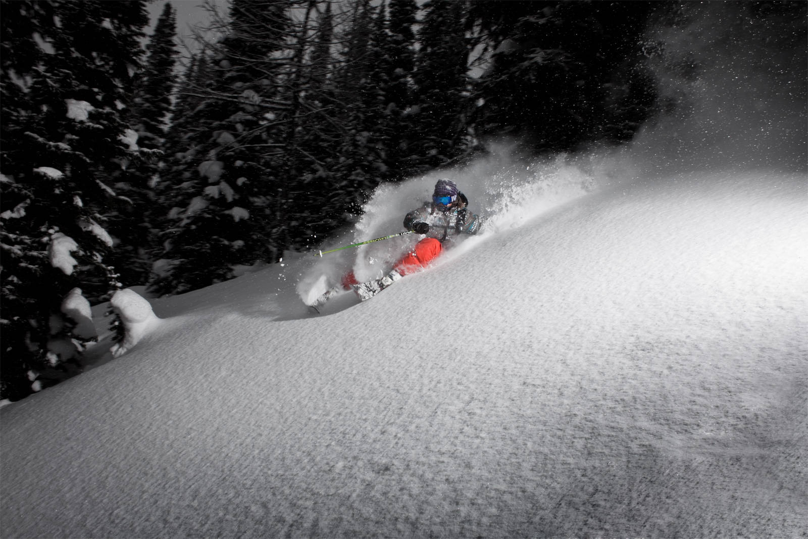 Skiing At Night, bright orange pants, deep powder snow, HD Desktop Wallpaper