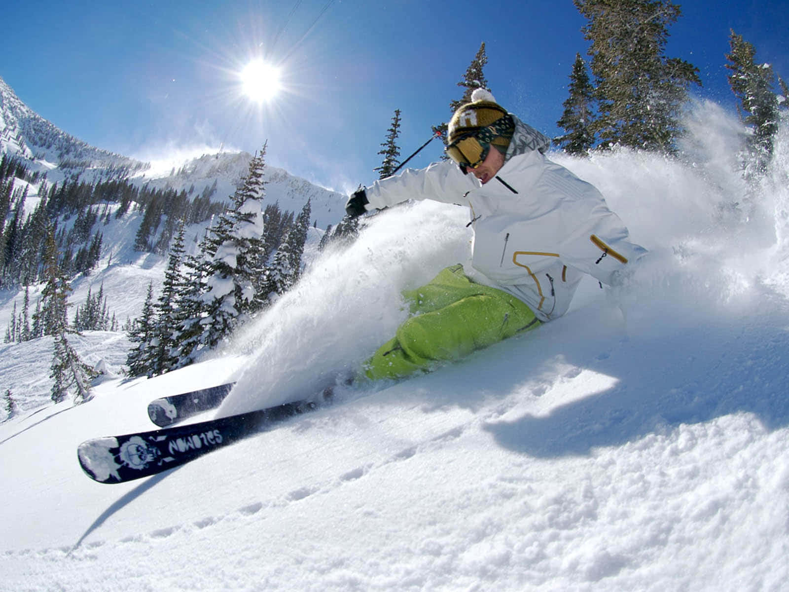 white and lime gear, fresh powder, sunlit snowy slope, HD Desktop Wallpaper