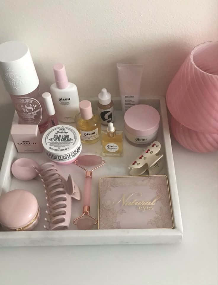 clean girl aesthetic, pink beauty products, white tray, SD Phone Wallpaper