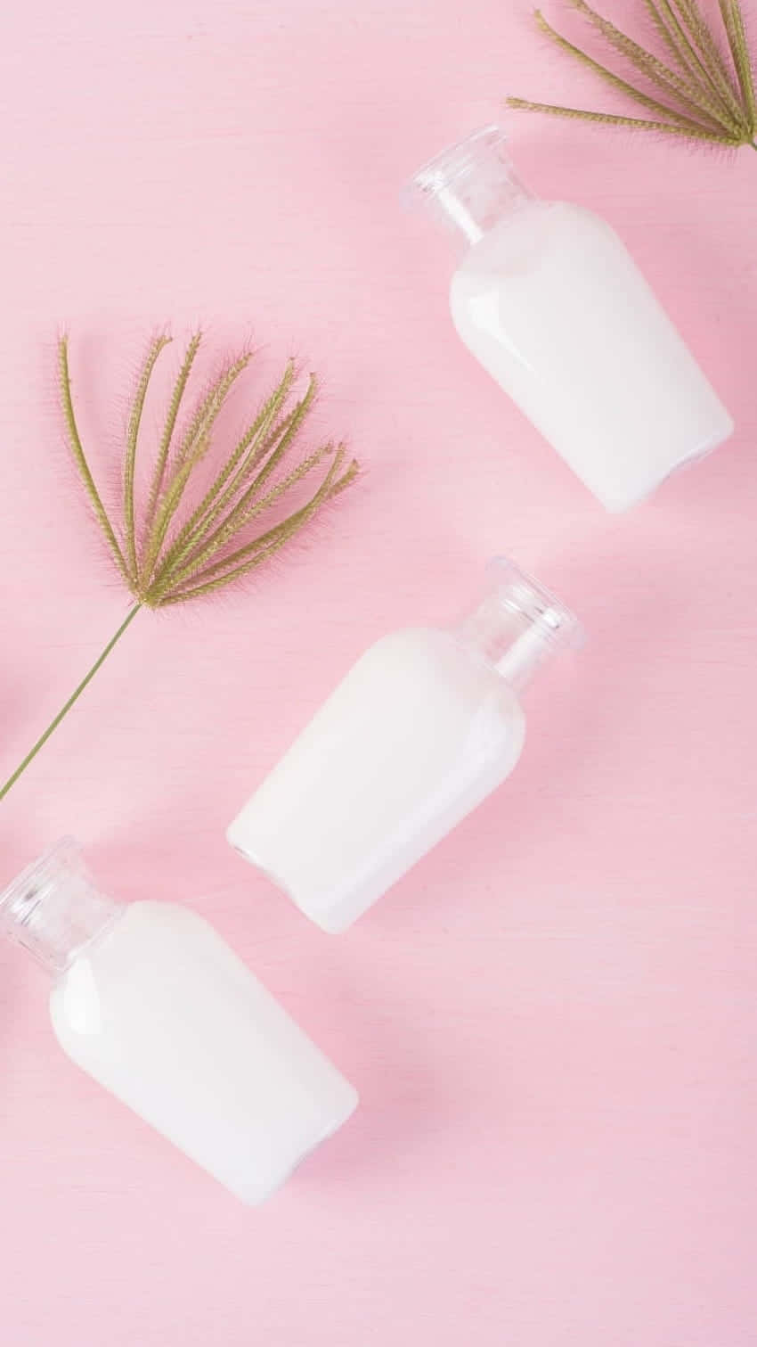 frosted glass bottles, white liquid, soft pink surface, HD Phone Wallpaper