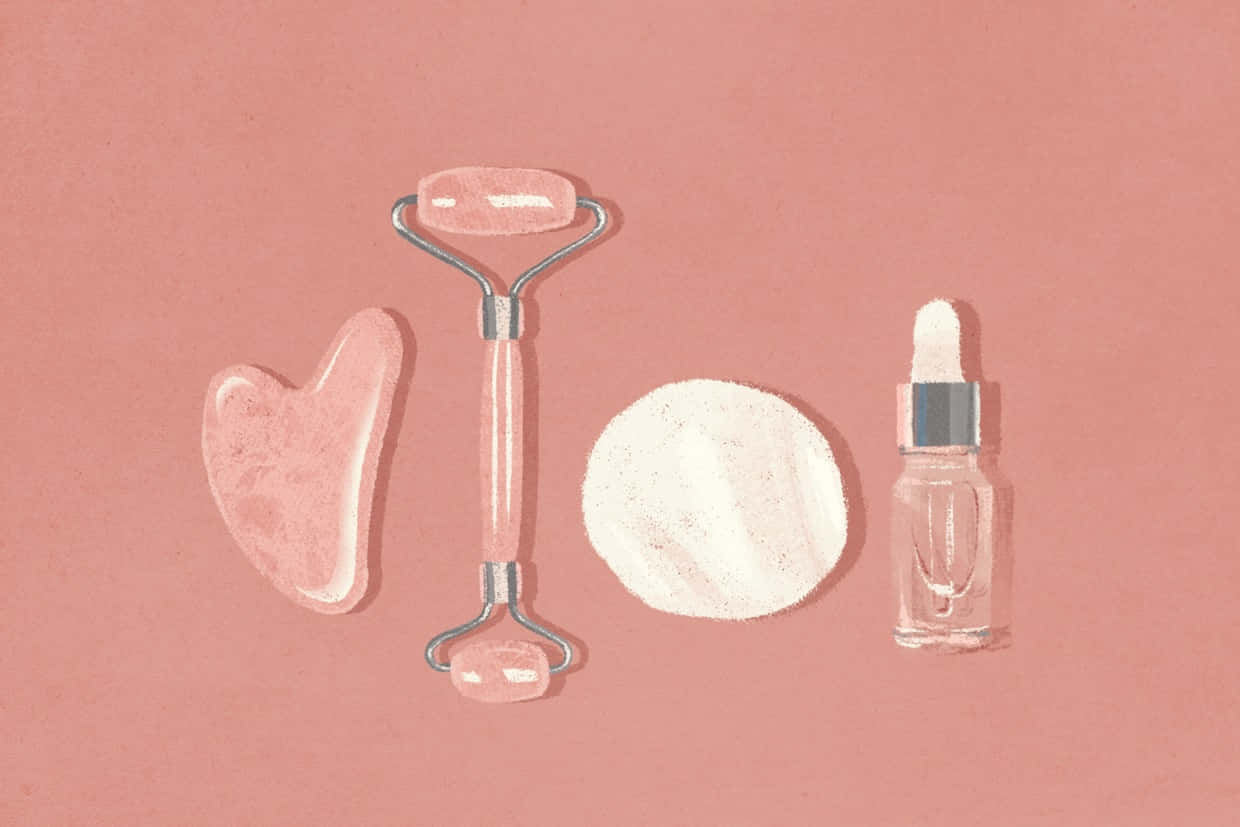 rose quartz facial tools, serum bottle, soft pink background, SD Desktop Wallpaper