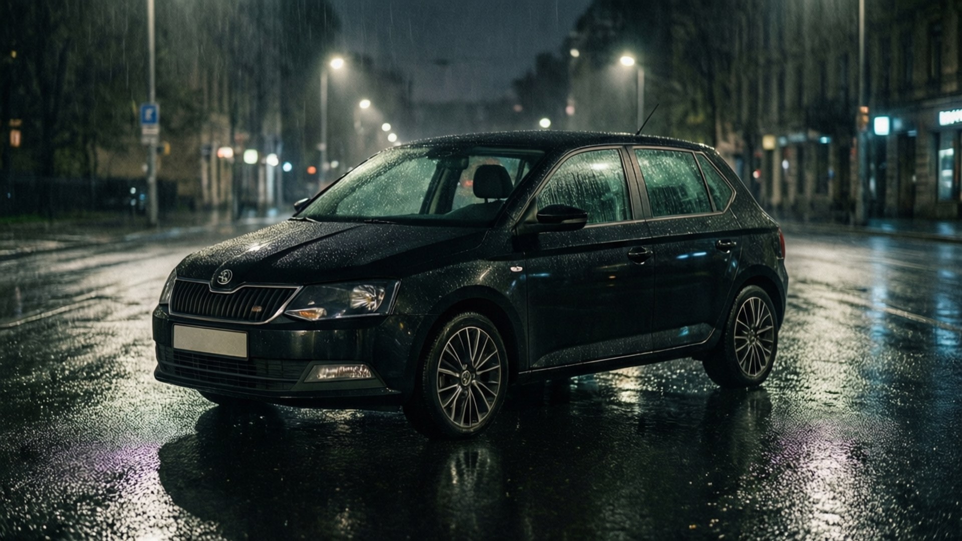 Black Skoda Fabia, wet city street, night, Full HD Desktop Wallpaper