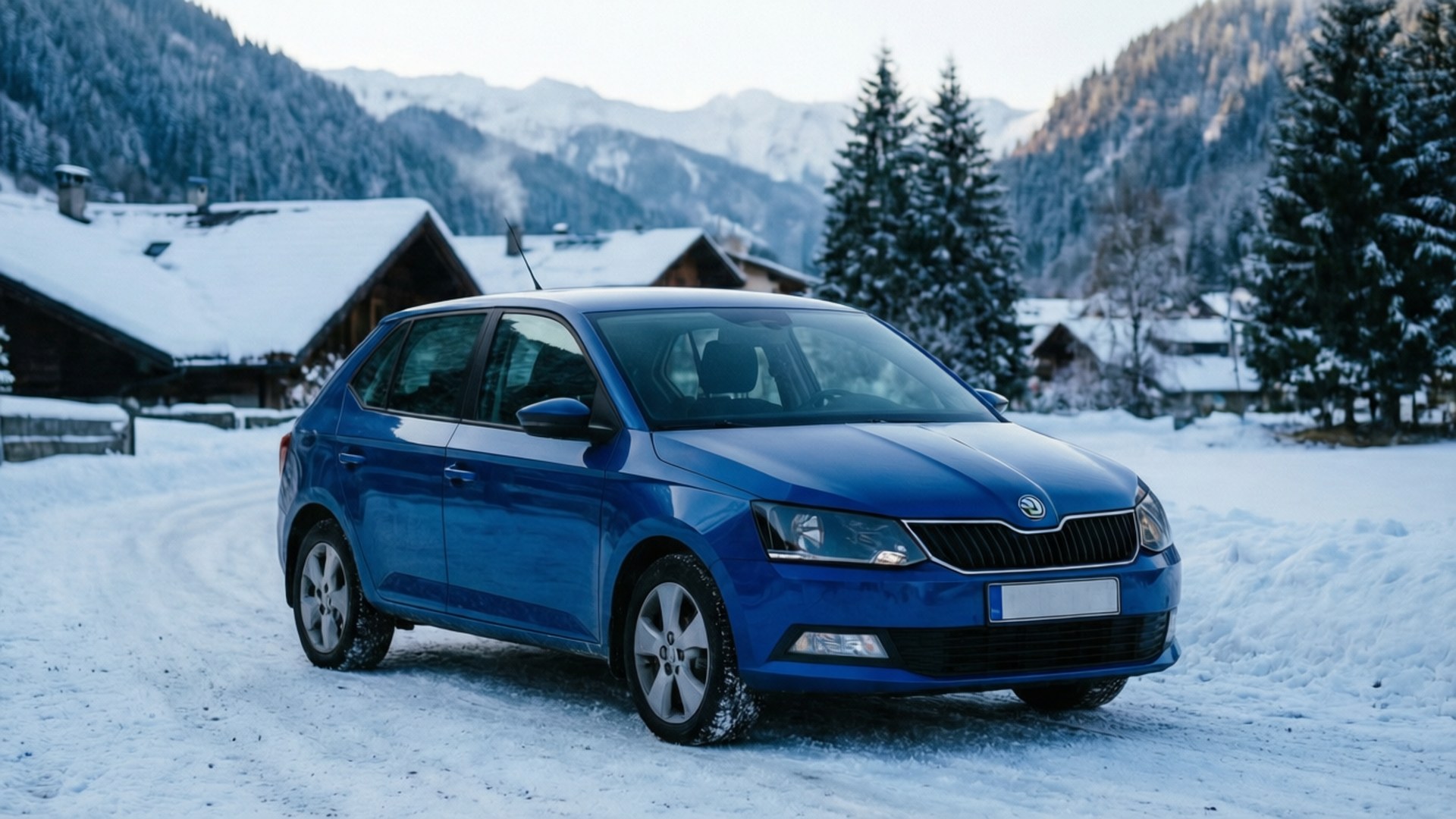 Skoda Fabia, Blue, Snowy mountain village, Full HD Desktop Wallpaper
