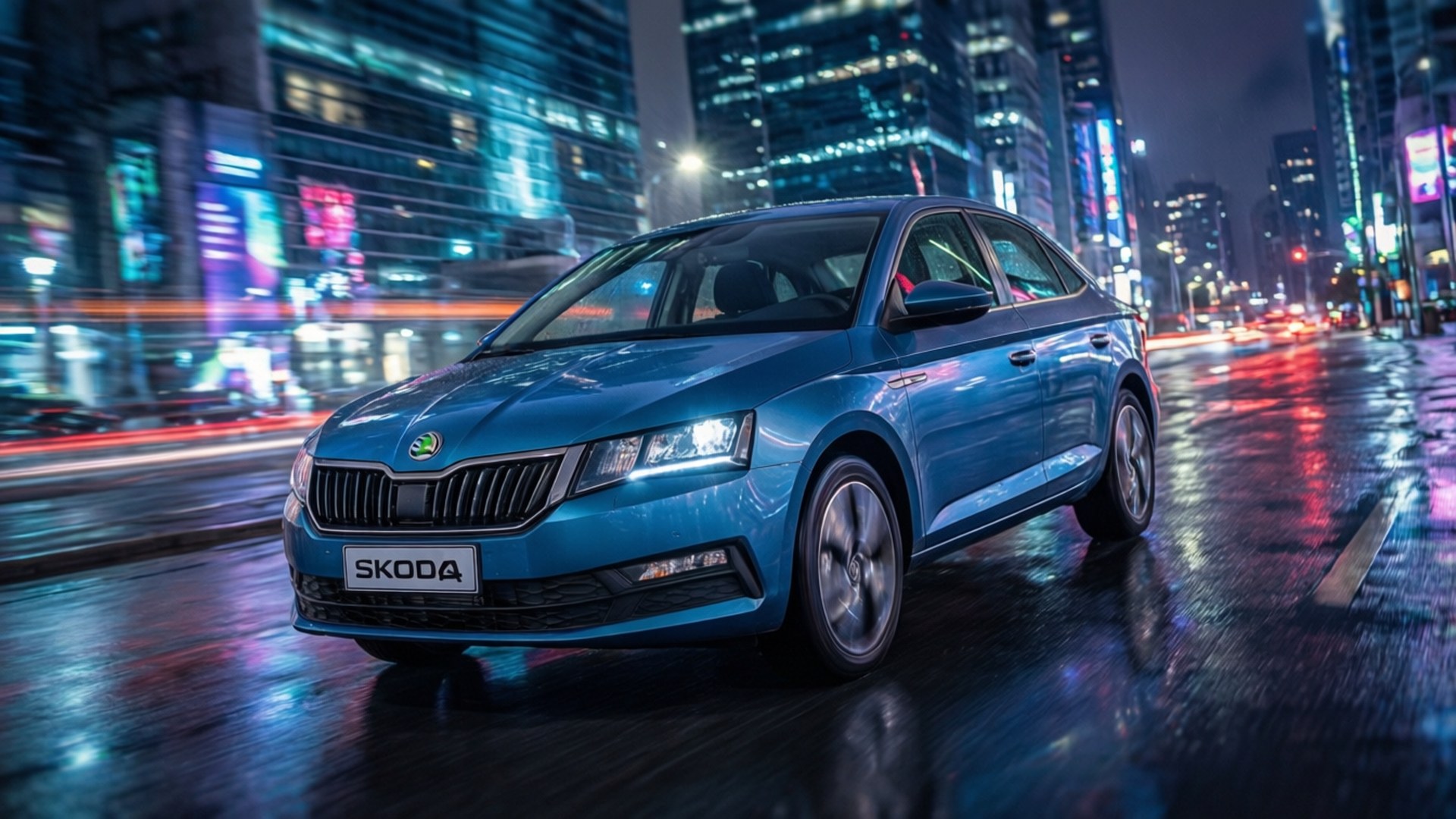 Neon Night Ride, blue Skoda Scala, neon-lit city, Full HD Desktop Wallpaper