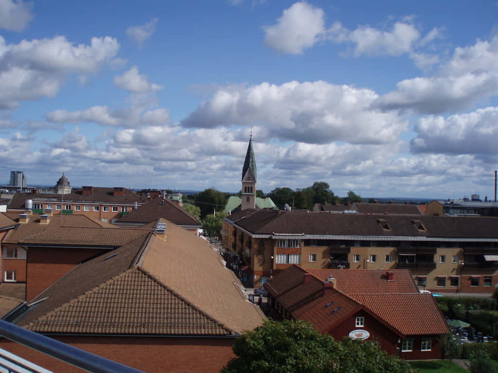 Skövde, church spire, red tiled roofs, SD Desktop Wallpaper