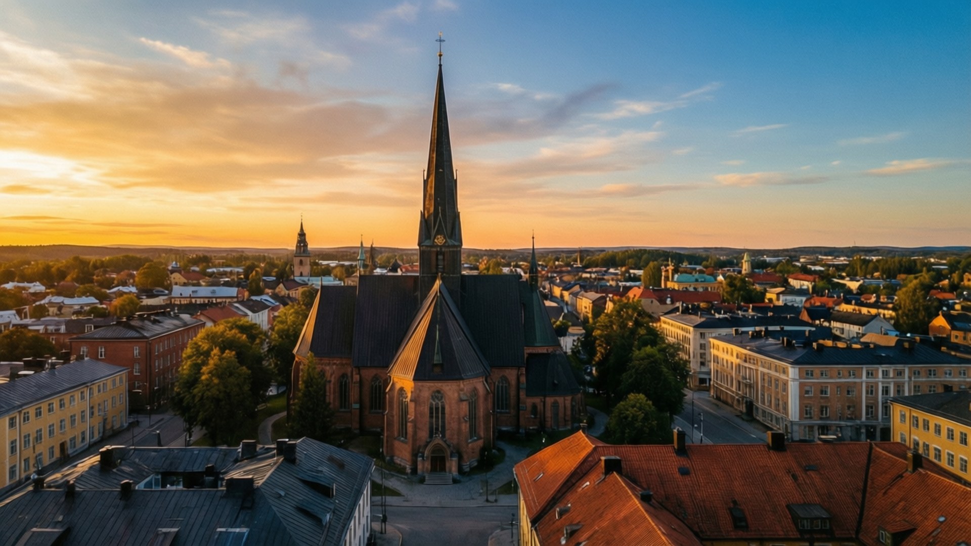 Skövde, golden hour, aerial view, Full HD Desktop Wallpaper