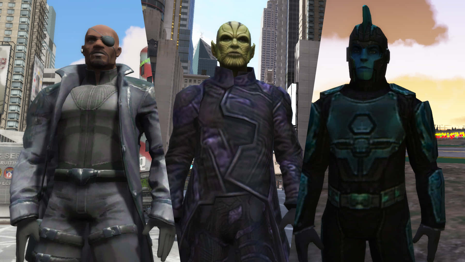 Skrulls, futuristic cityscape, towering skyscrapers, Full HD Desktop Wallpaper