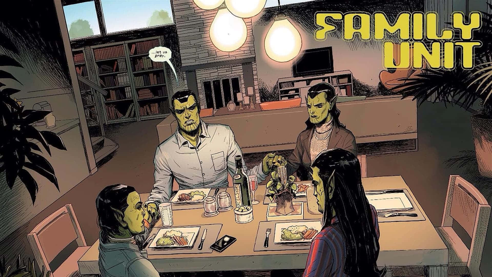 Skrulls, green-skinned alien, wooden table, Full HD Desktop Wallpaper