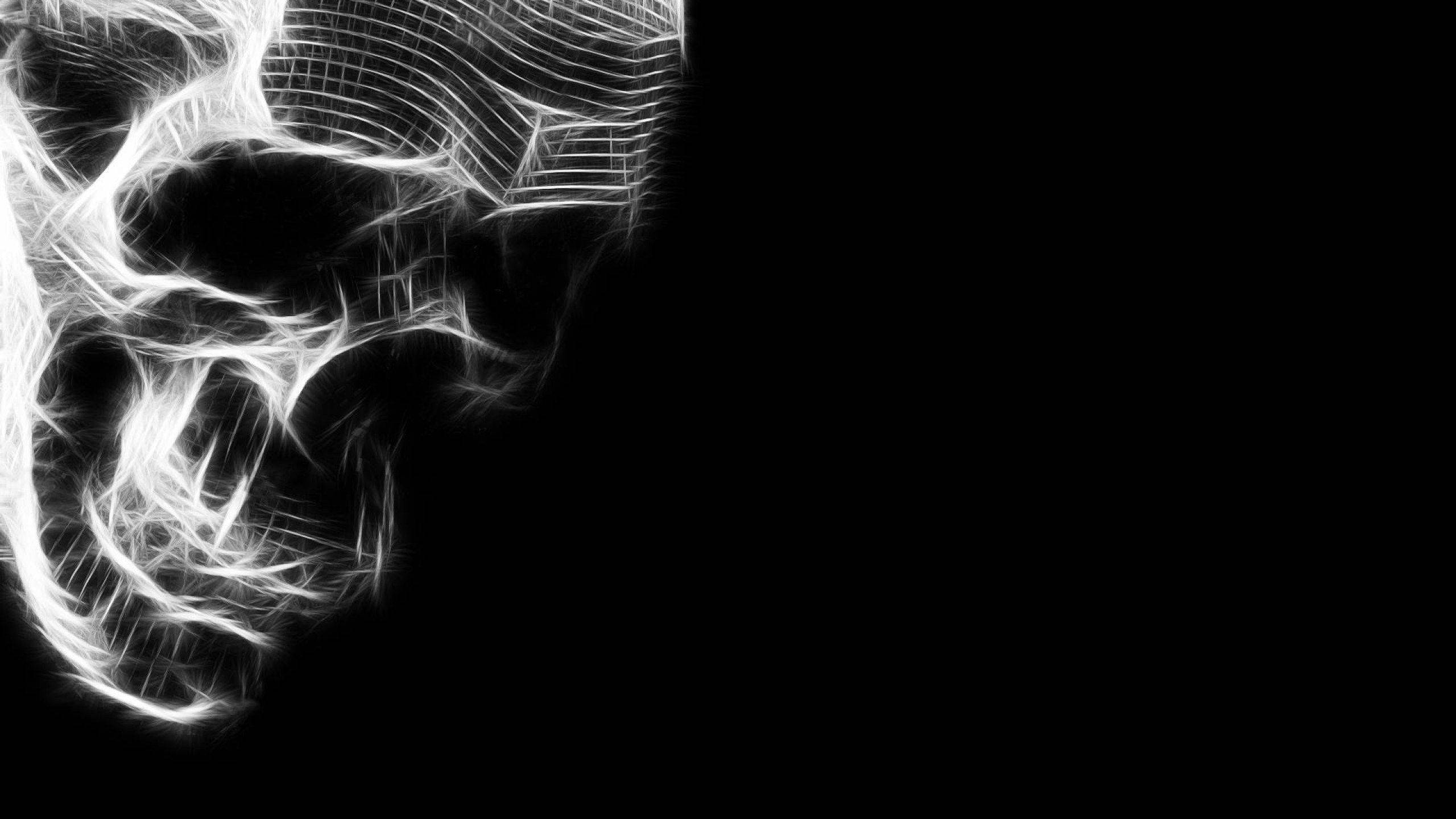 black skull, glowing white fractal pattern, solid black background, 2K Desktop Wallpaper