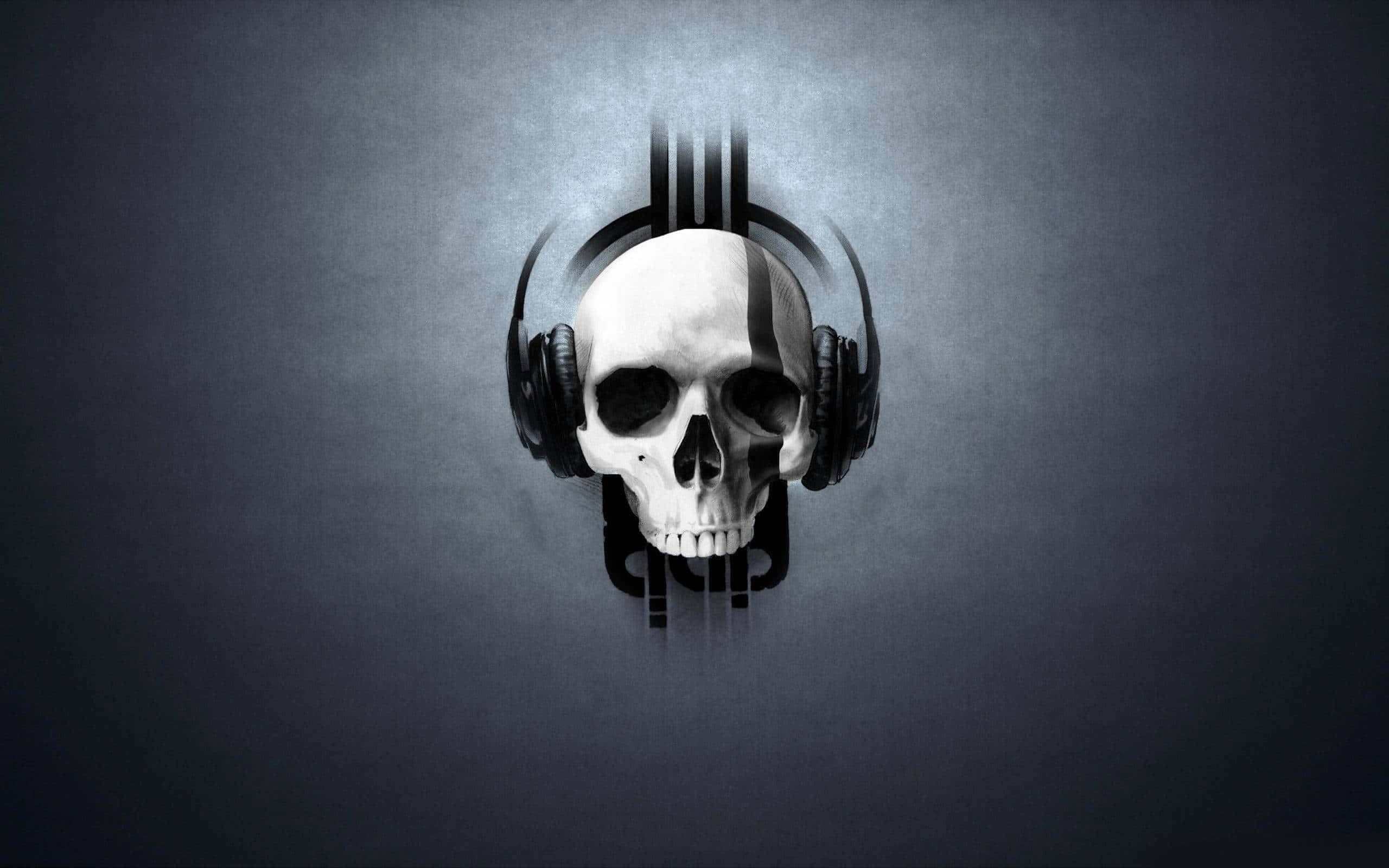 skull, black headphones, dark gray textured background, 2K Desktop Wallpaper