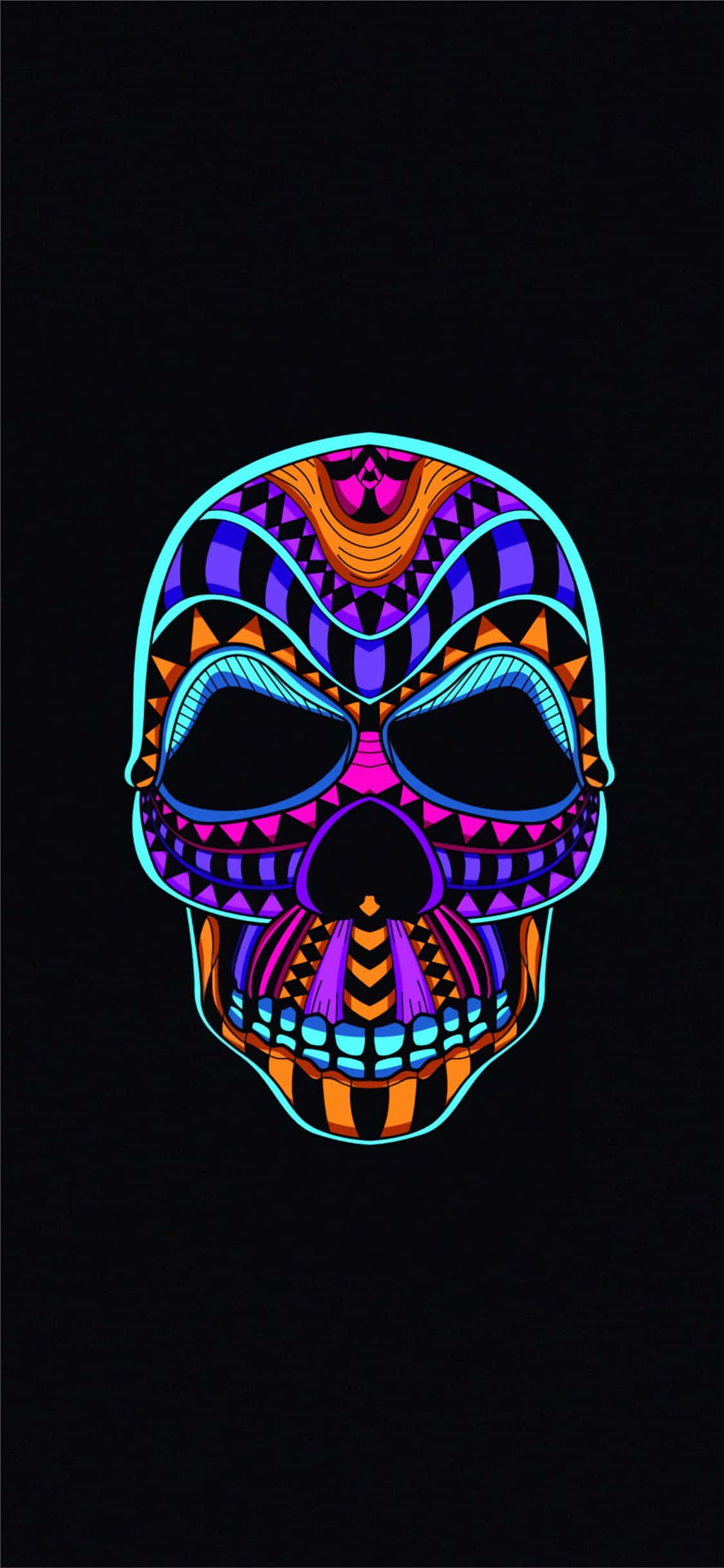 neon skull, geometric patterns, black background, Full HD Phone Wallpaper