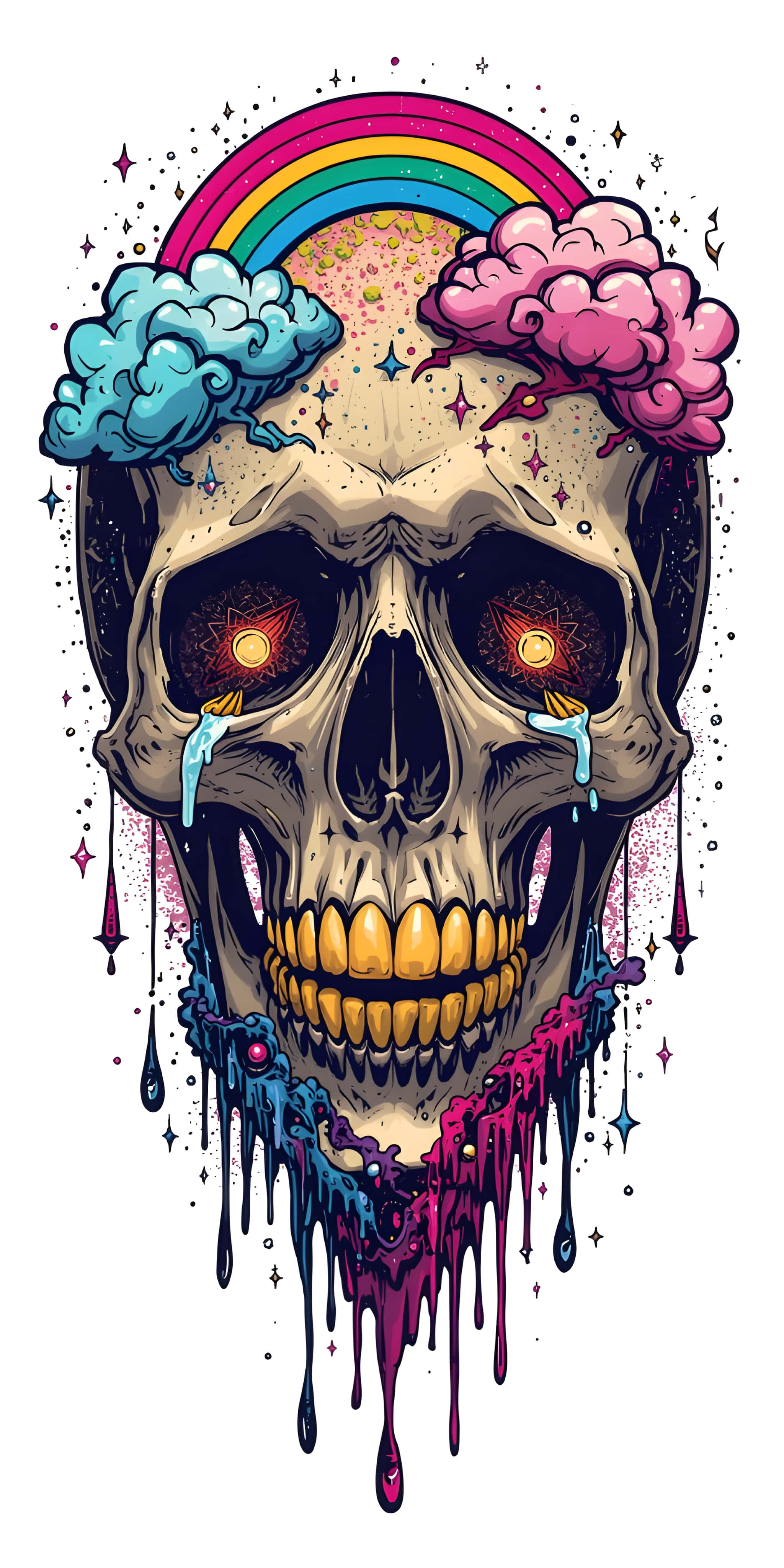 Cosmic Sun, Rainbow Skull, glowing eyes, 4K Phone Wallpaper