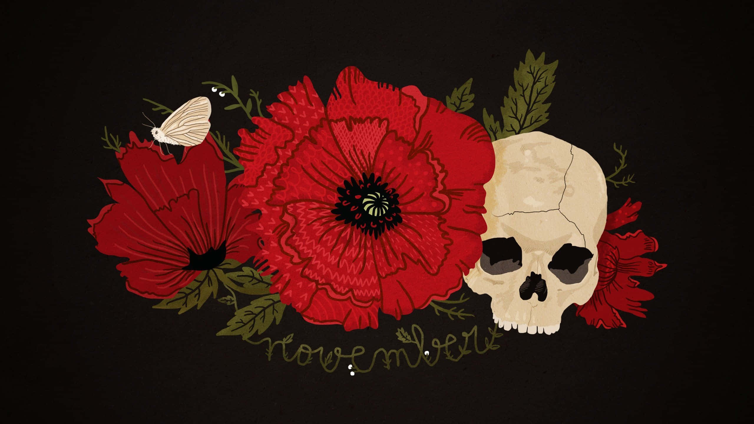 skull, red poppies, beige skull, 2K Desktop Wallpaper