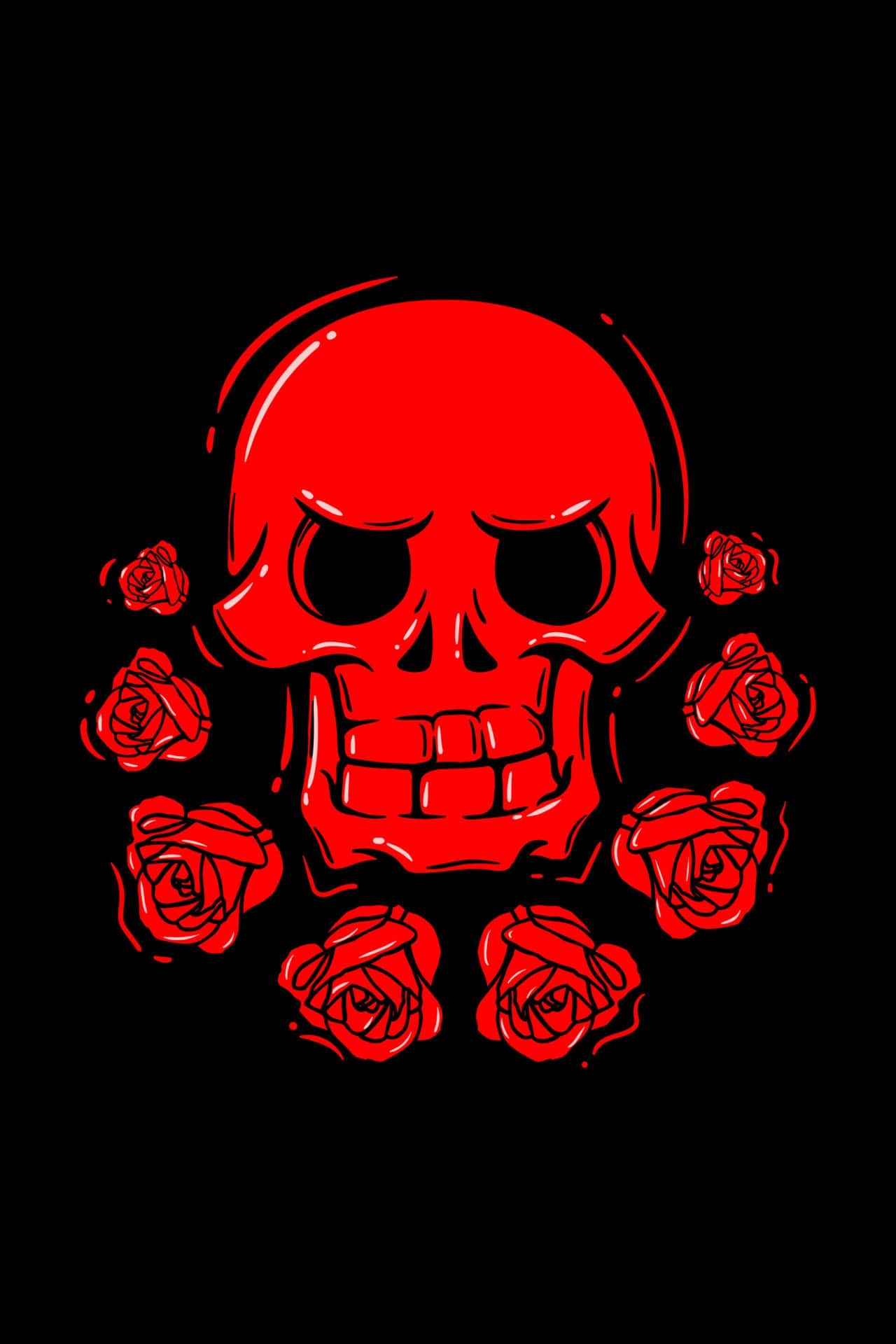 red skull, eight red roses, stark black background, Full HD Phone Wallpaper
