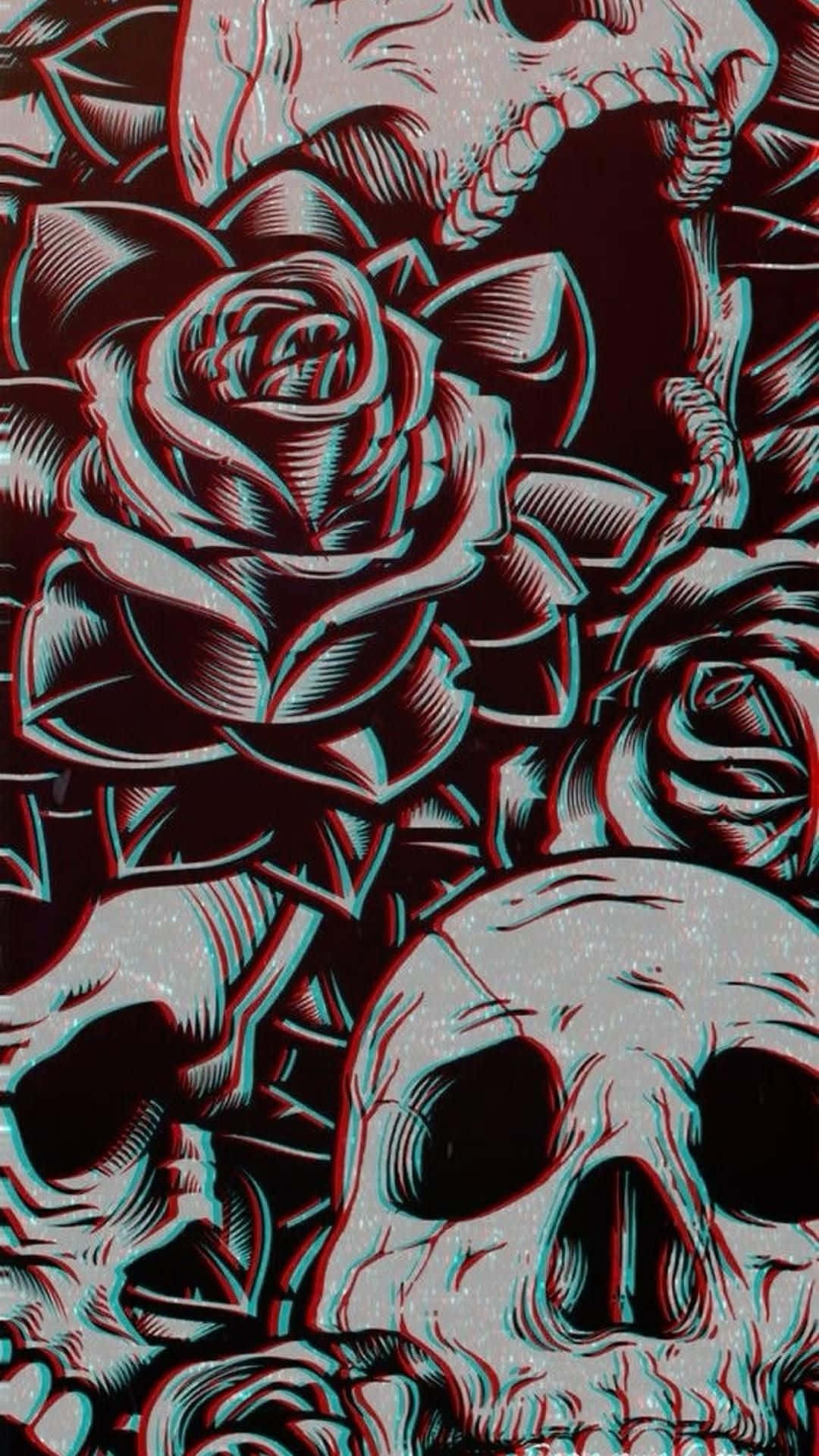 Skull and Roses Aesthetic, 3D art, red cyan, Full HD Phone Wallpaper