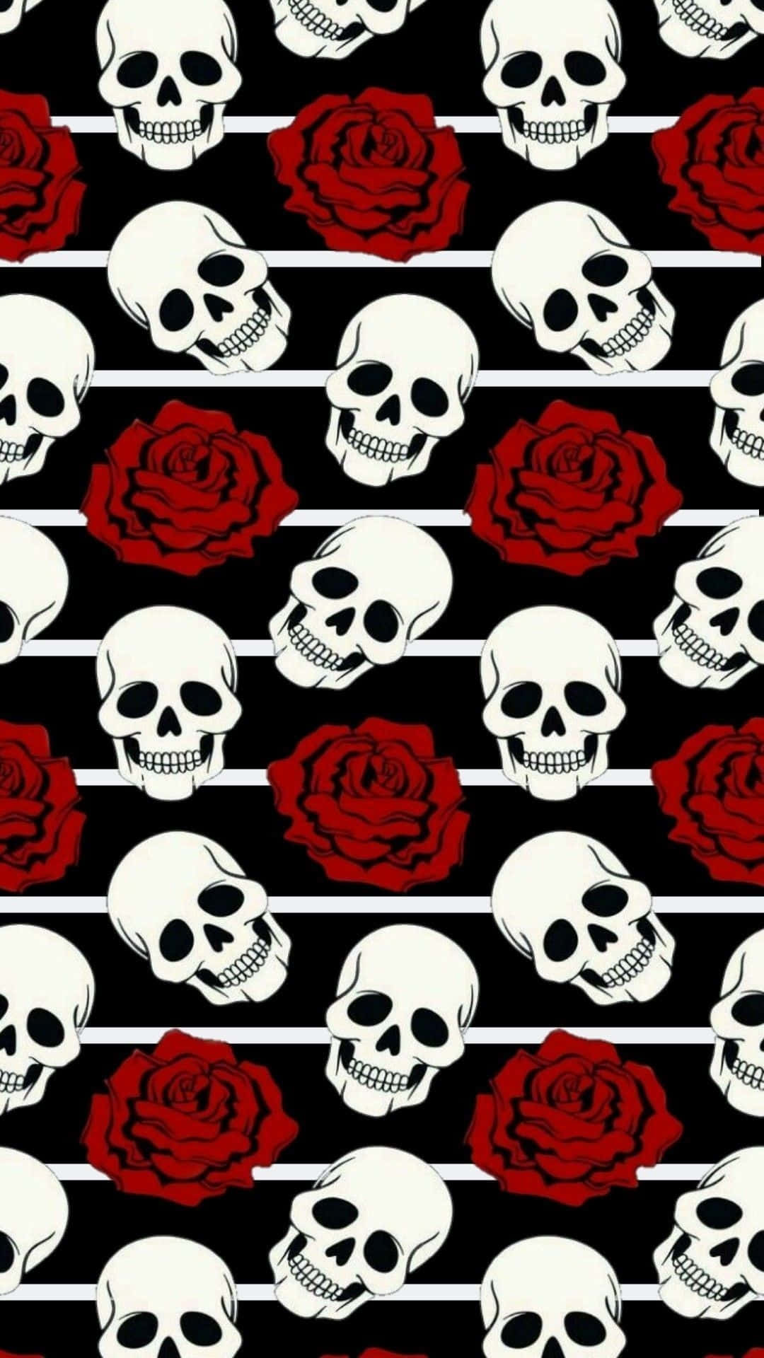 skull and rose pattern, white skulls, red roses, Full HD Phone Wallpaper