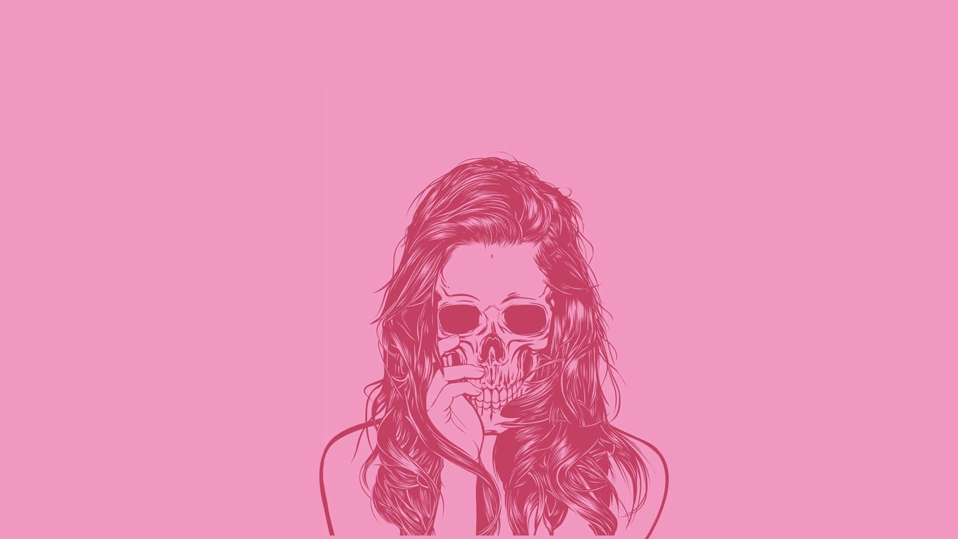 pink skull aesthetic woman, stylized pink line drawing, woman with a skull face, Full HD Desktop Wallpaper